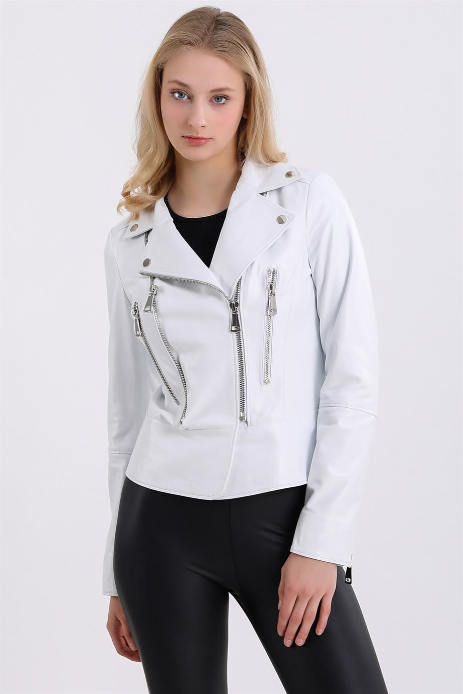 Veste croisée ajustée en cuir blanche, LC Leather Club