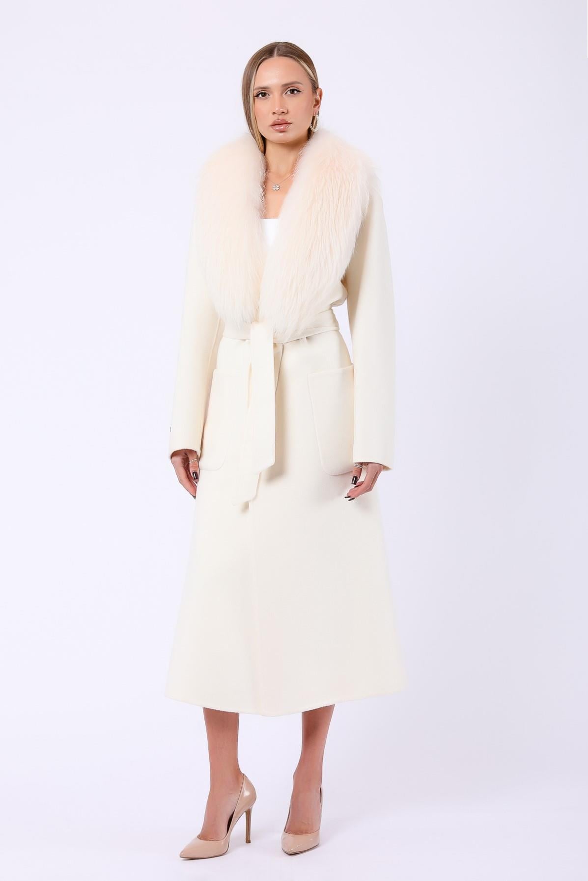 Manteau en cachemire blanc avec garniture renard, LC Leather Club