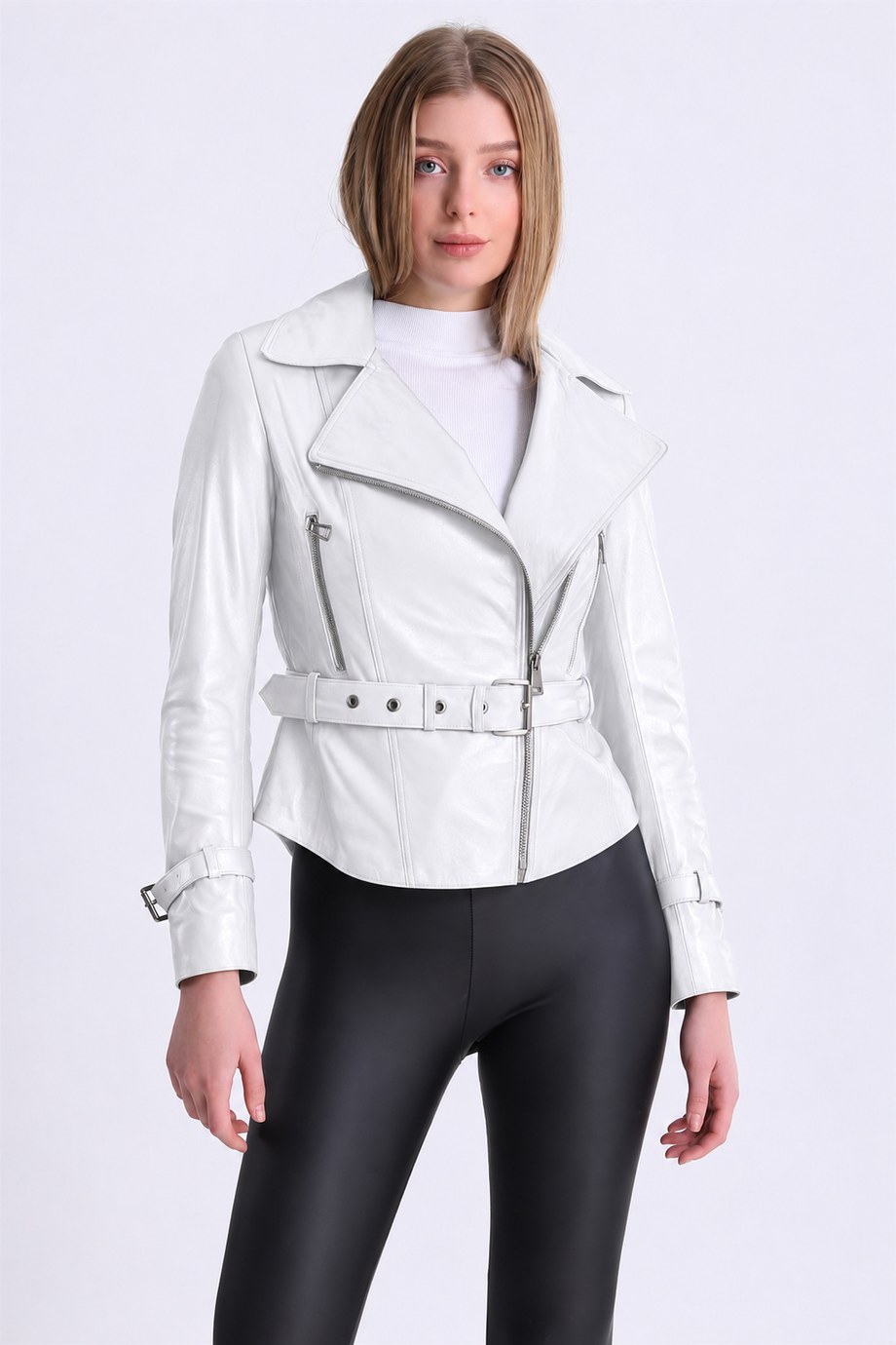 Beyaz Kemer Aksesuarlı Fitted Deri Ceket, LC Leather Club