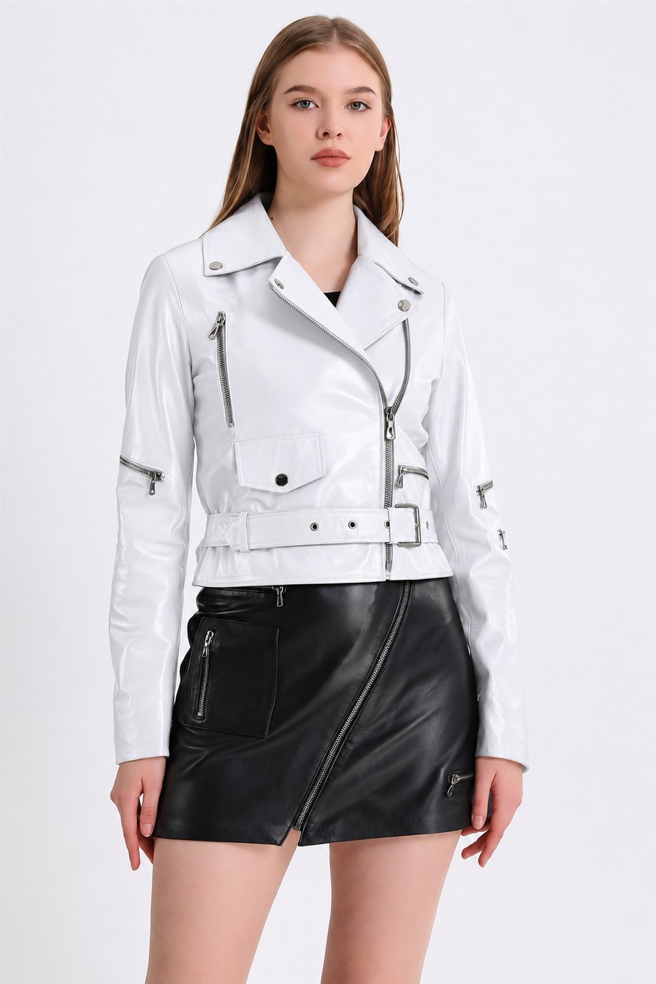 Beyaz Kruvaze Biker Deri Ceket, LC Leather Club