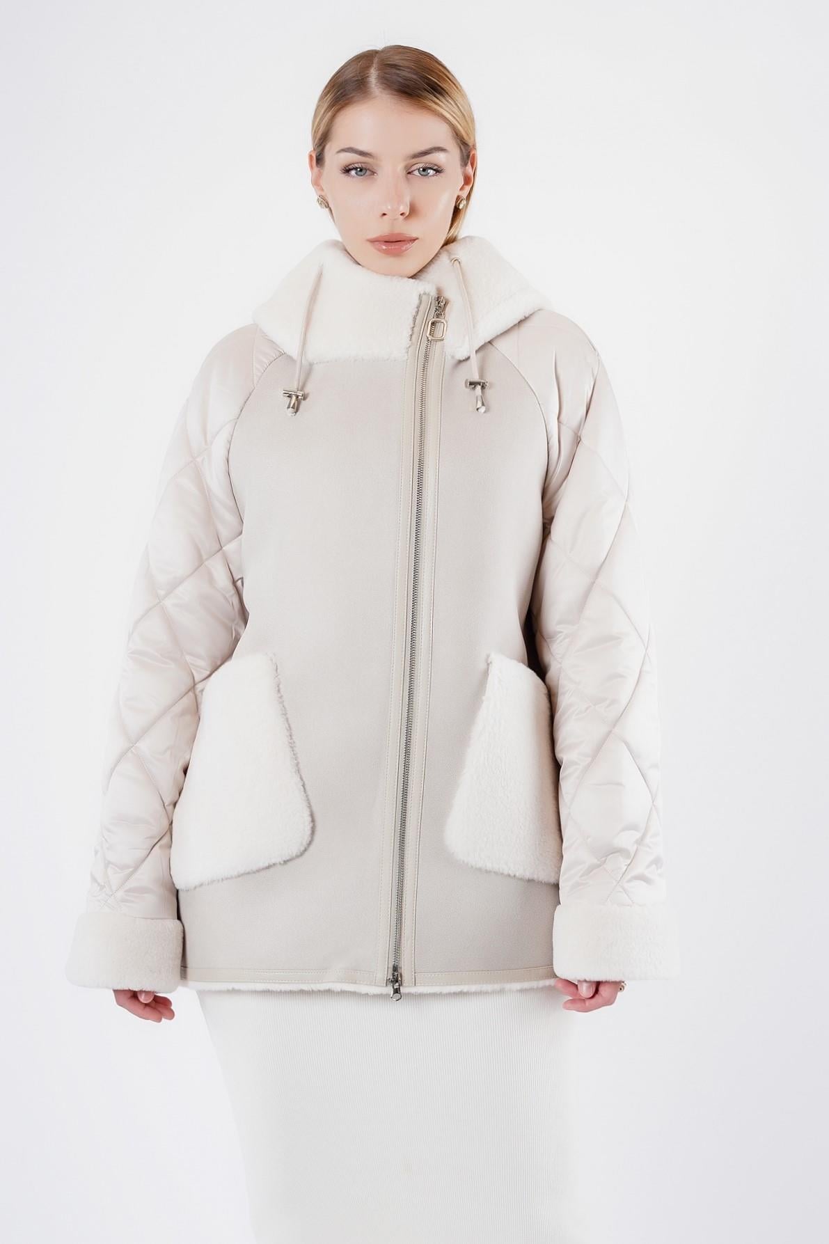 Doudoune blanche en laine authentique avec garniture fourrure, LC Leather Club