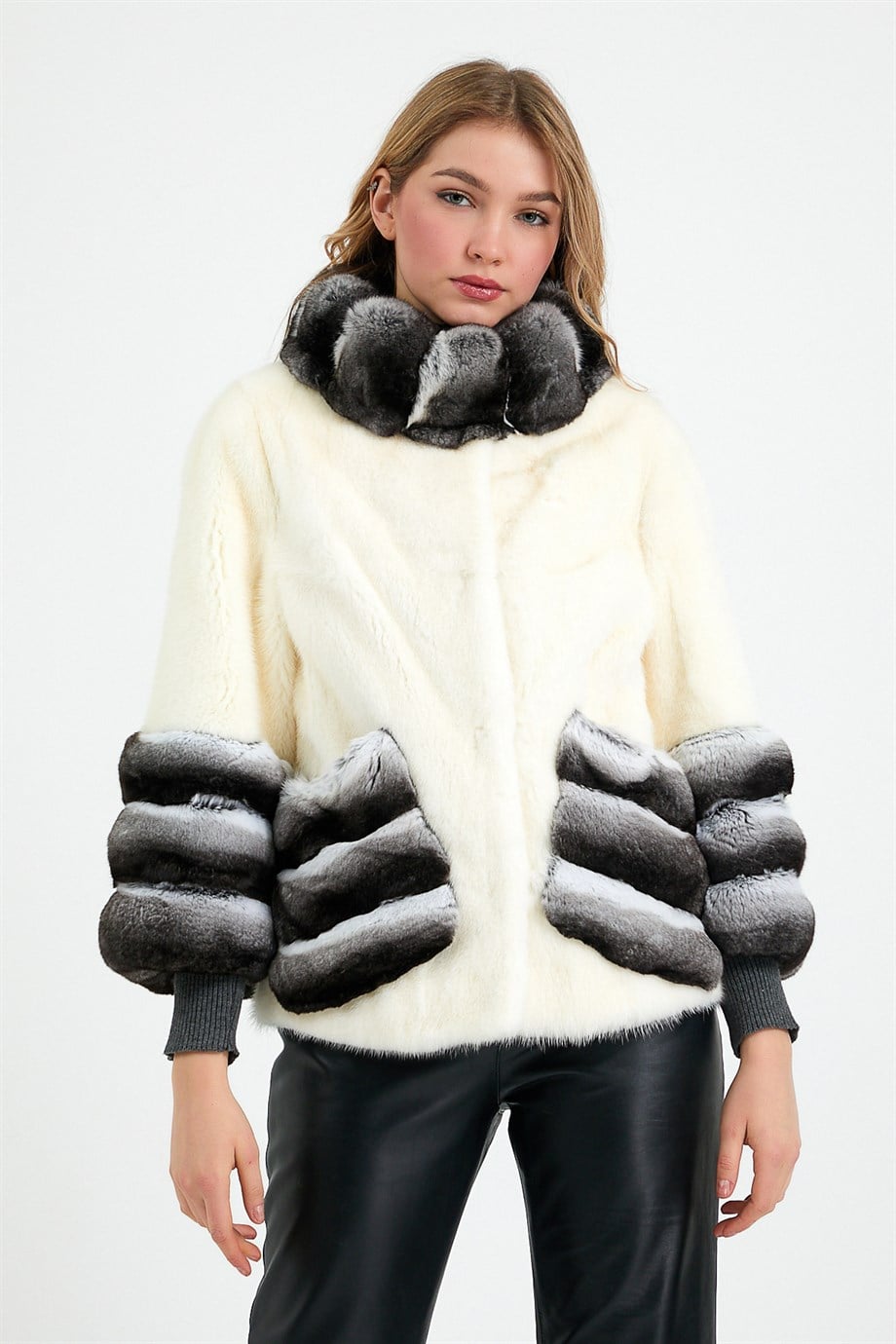 Veste en fourrure de vison blanche avec garniture de chinchilla naturelle, LC Leather Club