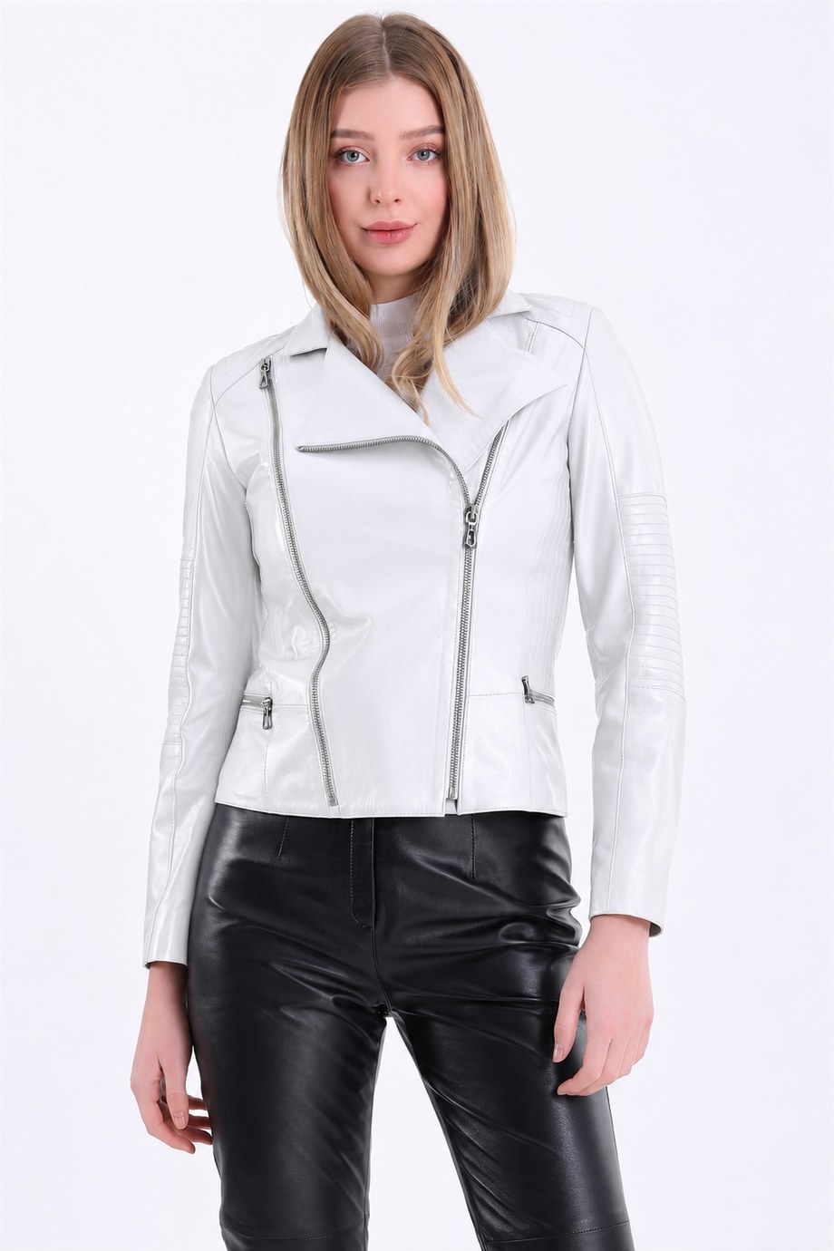 Beyaz Şerit Detaylı Kruvaze Deri Ceket, LC Leather Club