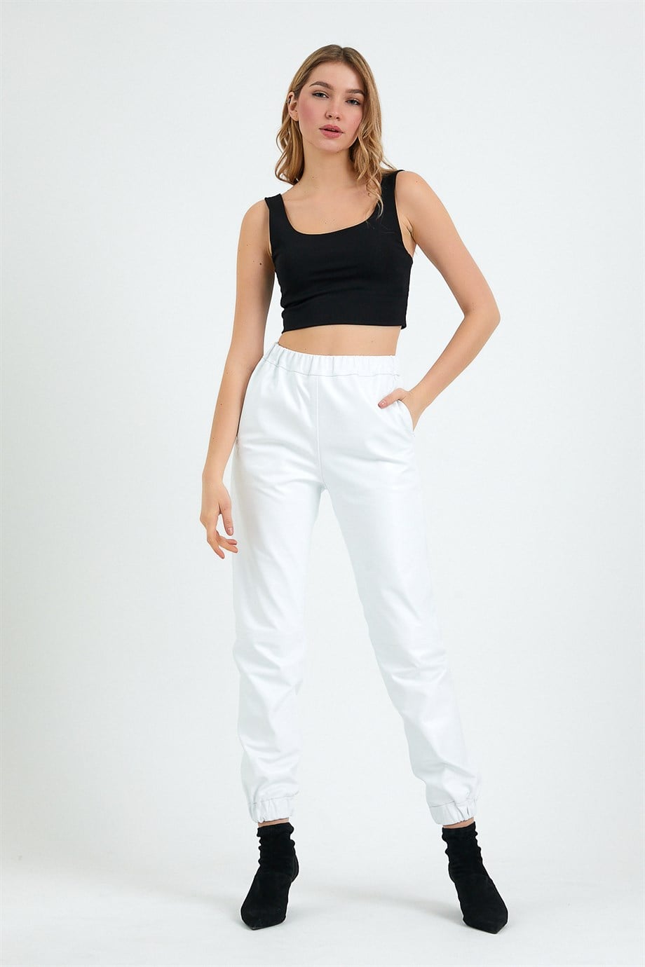 Pantalon en cuir blanc coupe sport, LC Leather Club