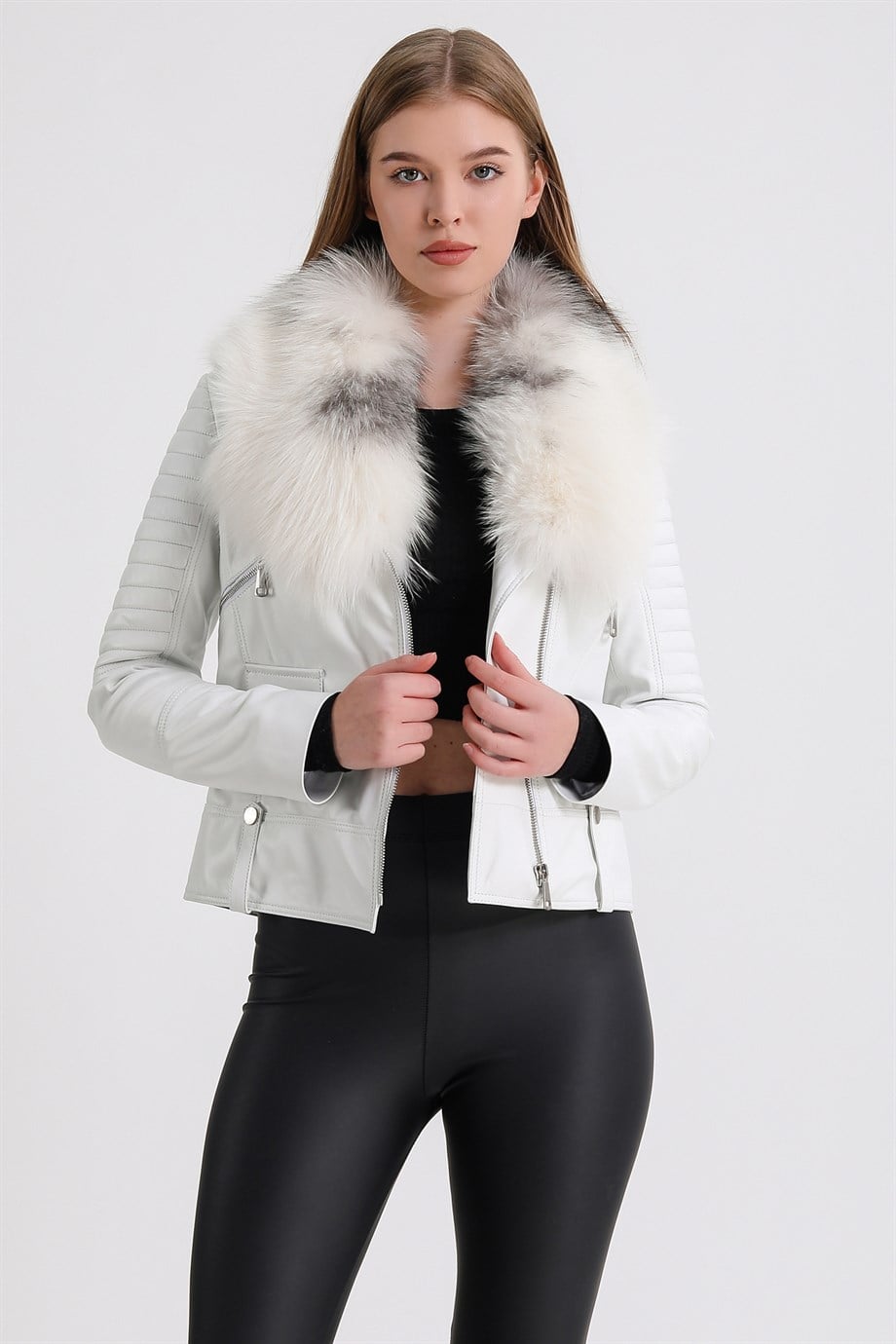 Witte leren jas met vosbontafwerking, LC Leather Club