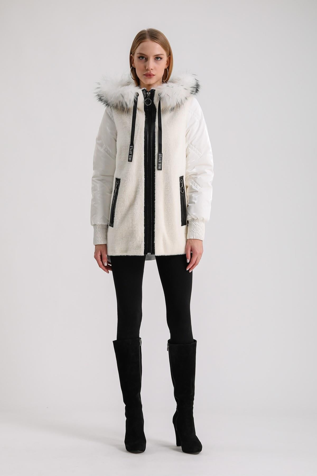 White Puffer Jacket with Leather Trim and Fox Fur Accessory, LC Leather Club