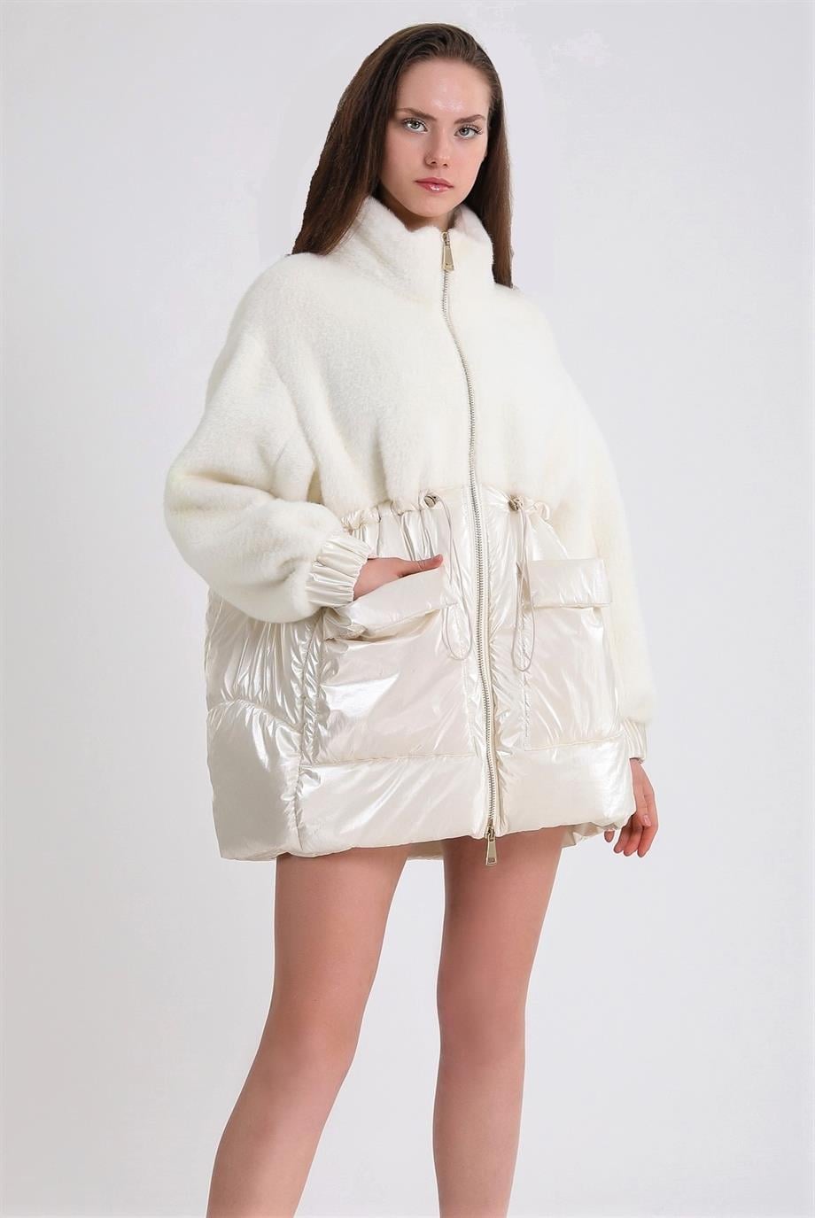 Witte puffer mantel met wollen trim, LC Leather Club