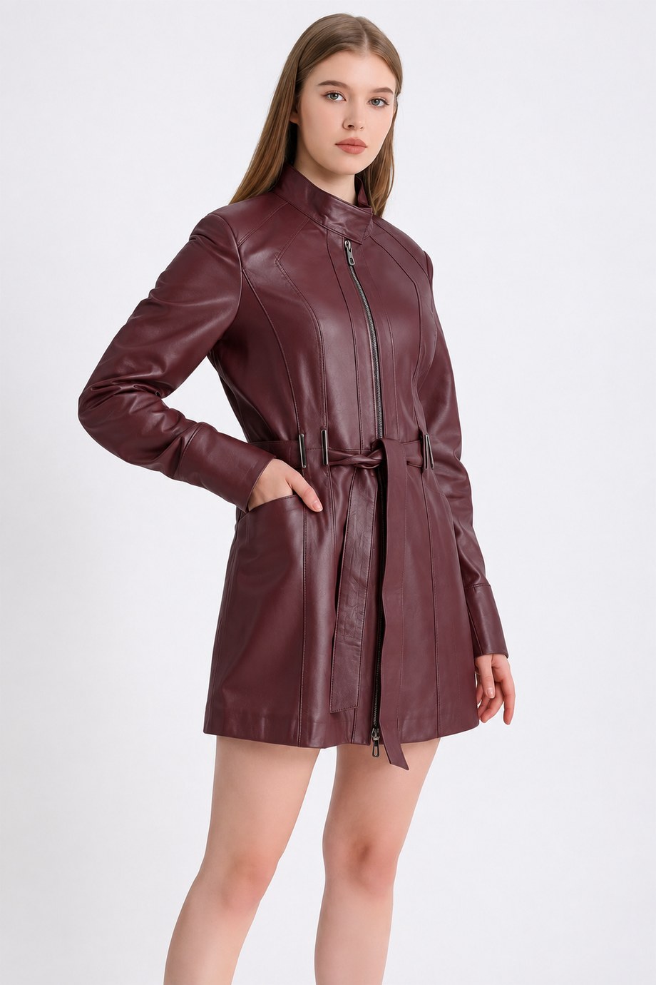 Bordo Dik Yaka Kemerli Deri Kaban, LC Leather Club