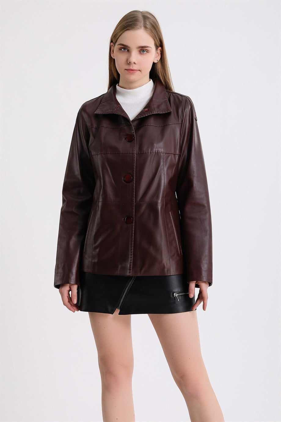 Veste en cuir bordeaux boutonnée, LC Leather Club