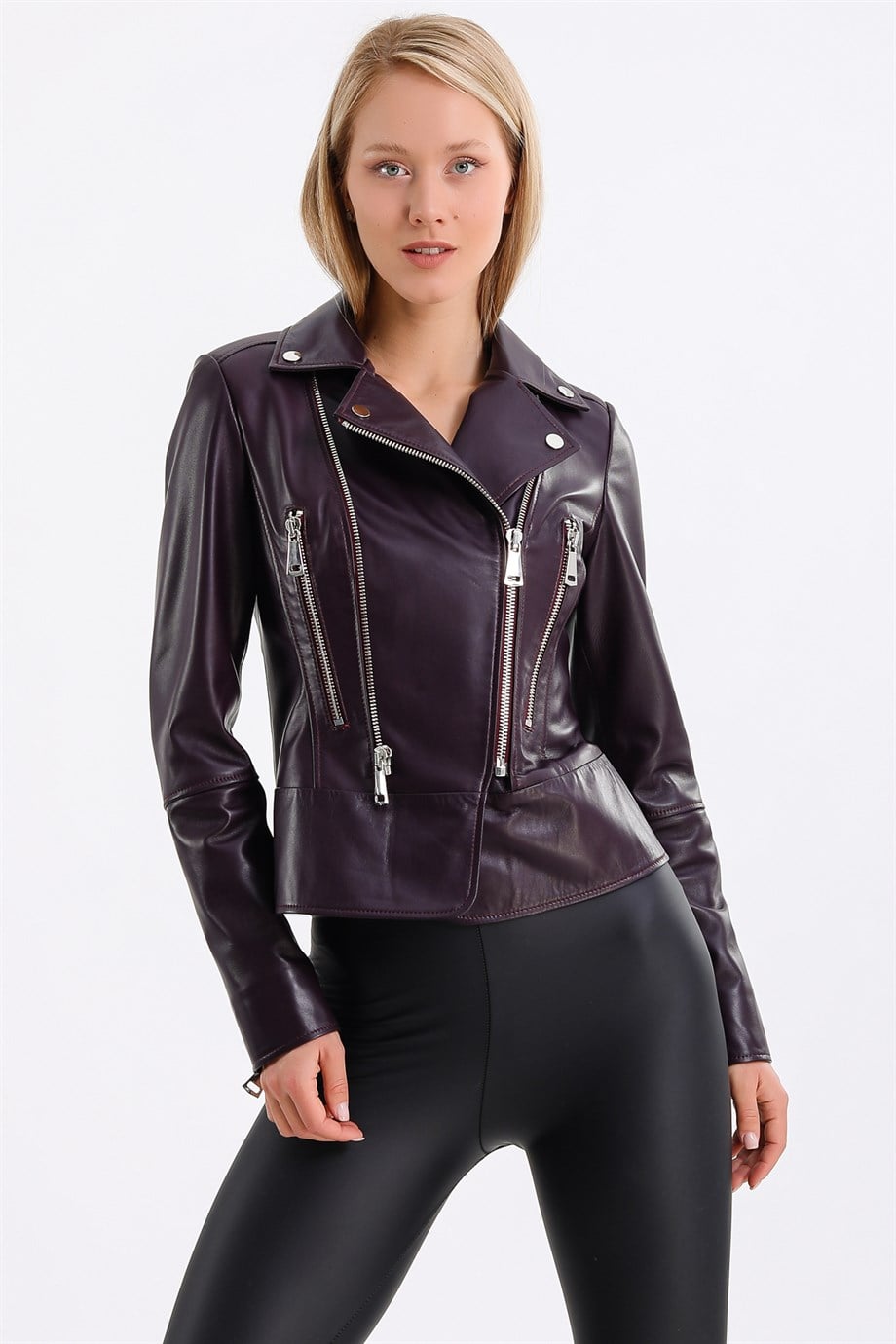 Veste croisée ajustée en cuir bordeaux, LC Leather Club