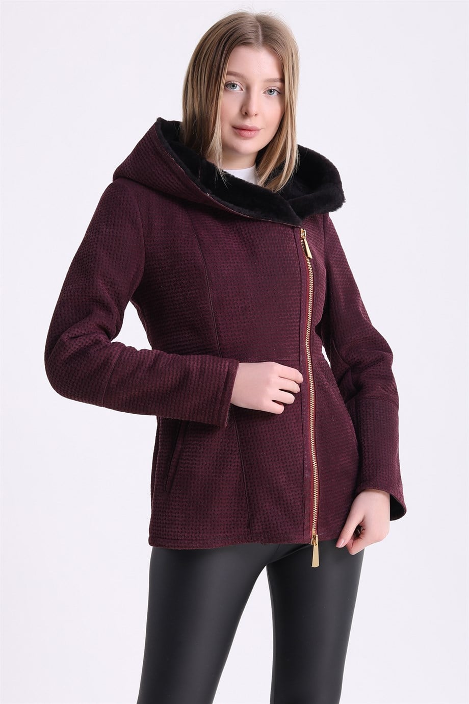 Bordo Kapüşonlu Merino Kürk Ceket, LC Leather Club