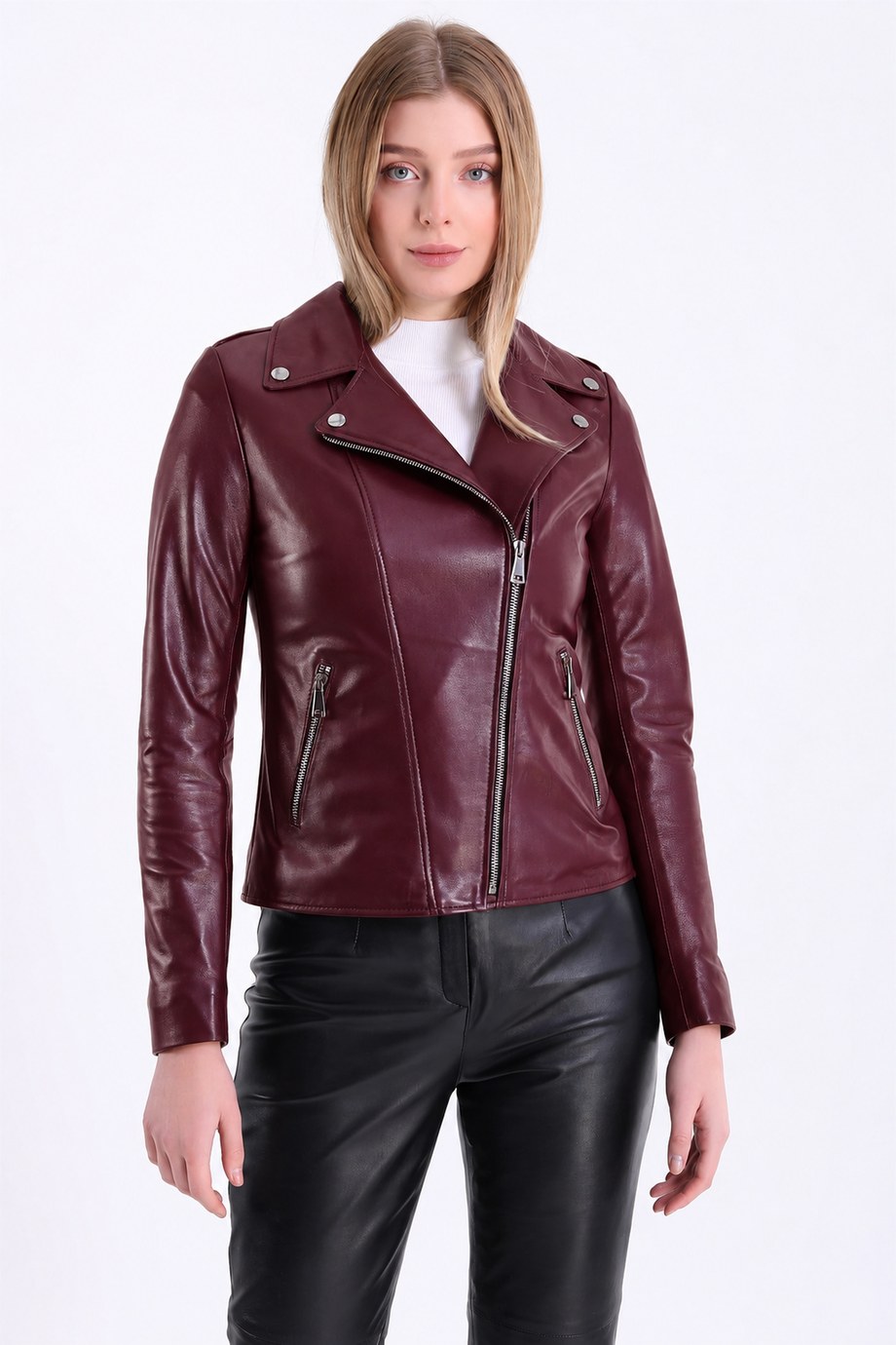 Bordo Kemer Aksesuarlı Fitted Deri Ceket, LC Leather Club