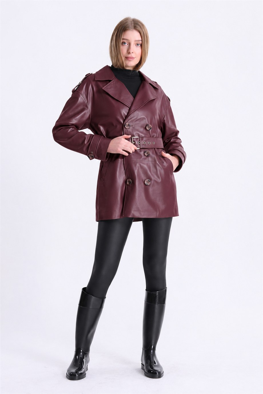 Bordo Kemer Aksesuarlı Uzun Deri Palto Ceket, LC Leather Club