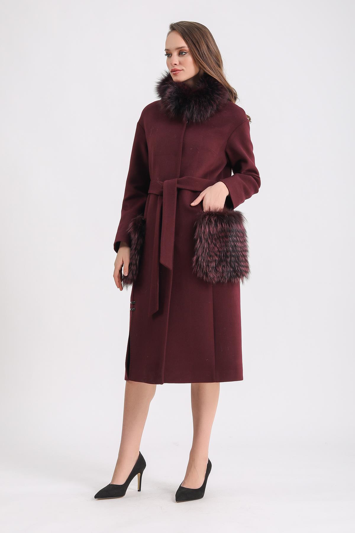 Manteau en cachemire bordeaux avec garniture en fourrure de renard, LC Leather Club