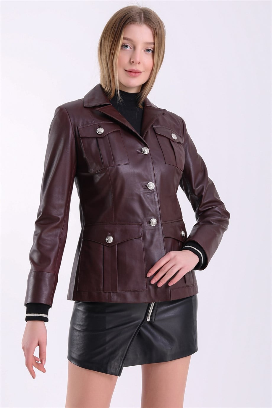 Bordeauxrote Lederjacke mit Strick-Blazer-Akzent, LC Leather Club