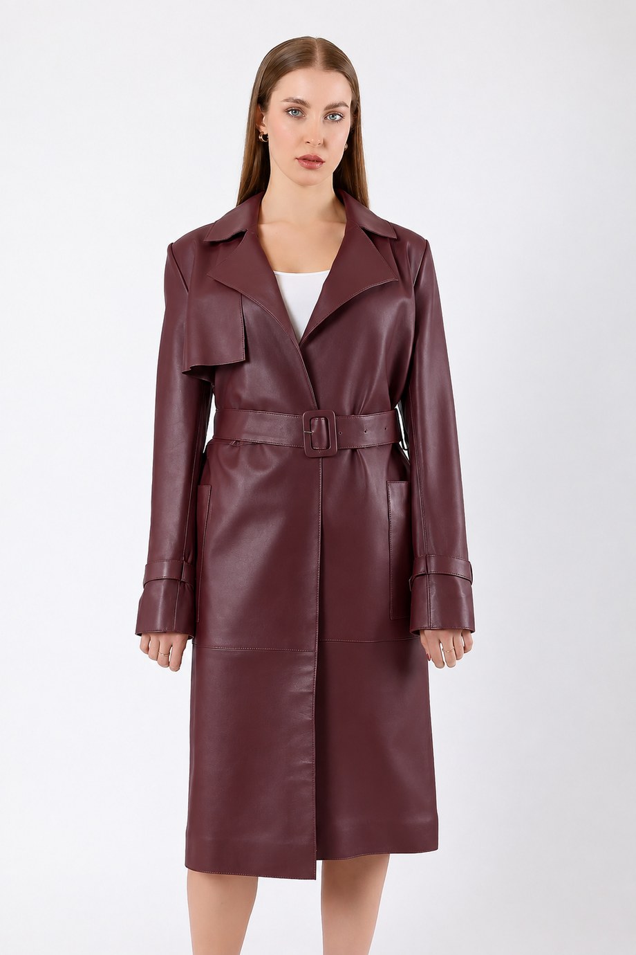 Bordo Uzun Trench Hakiki Deri Kaban, LC Leather Club