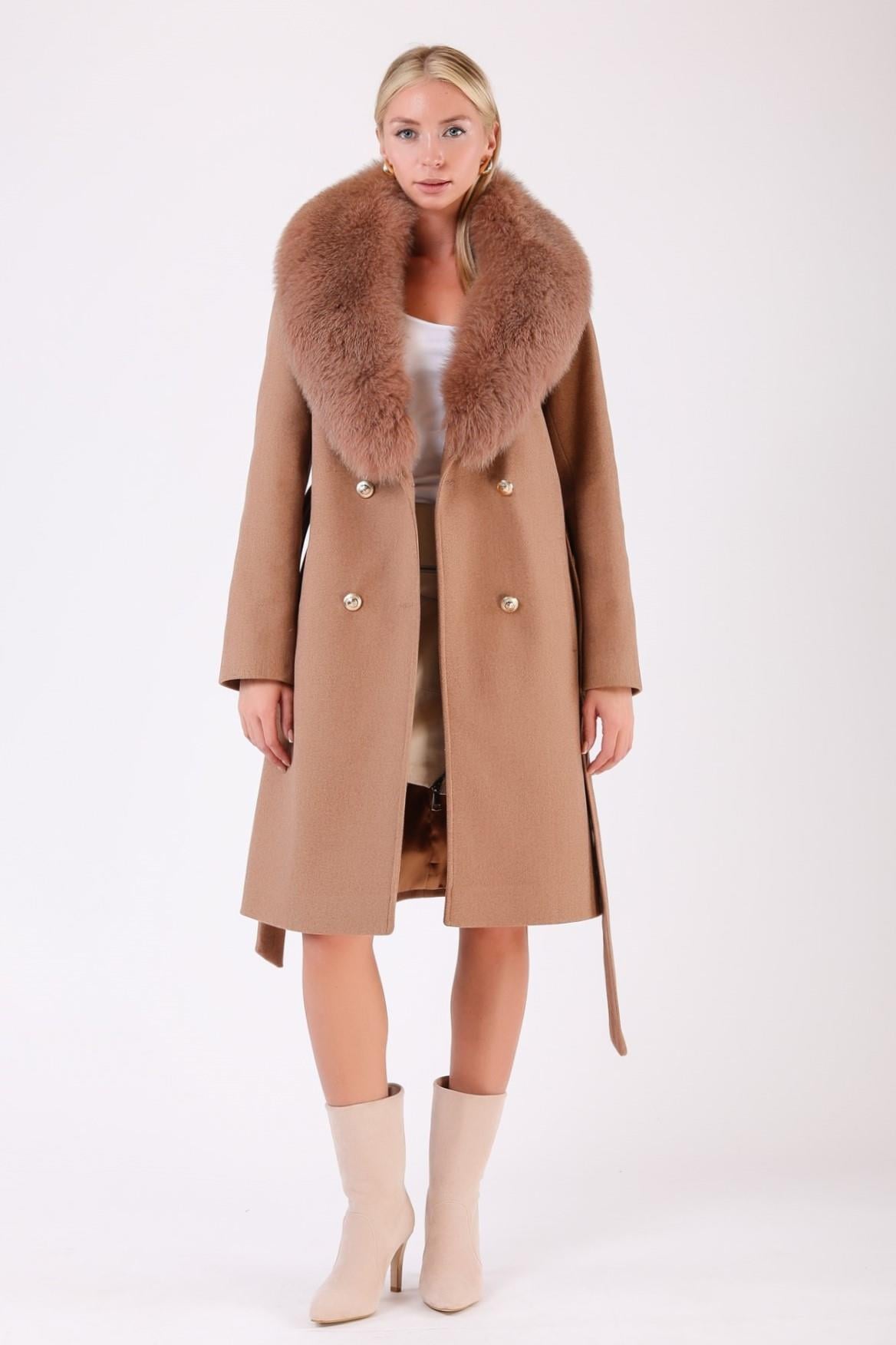 Manteau en cachemire beige chameau avec détails fourrure de renard, LC Leather Club
