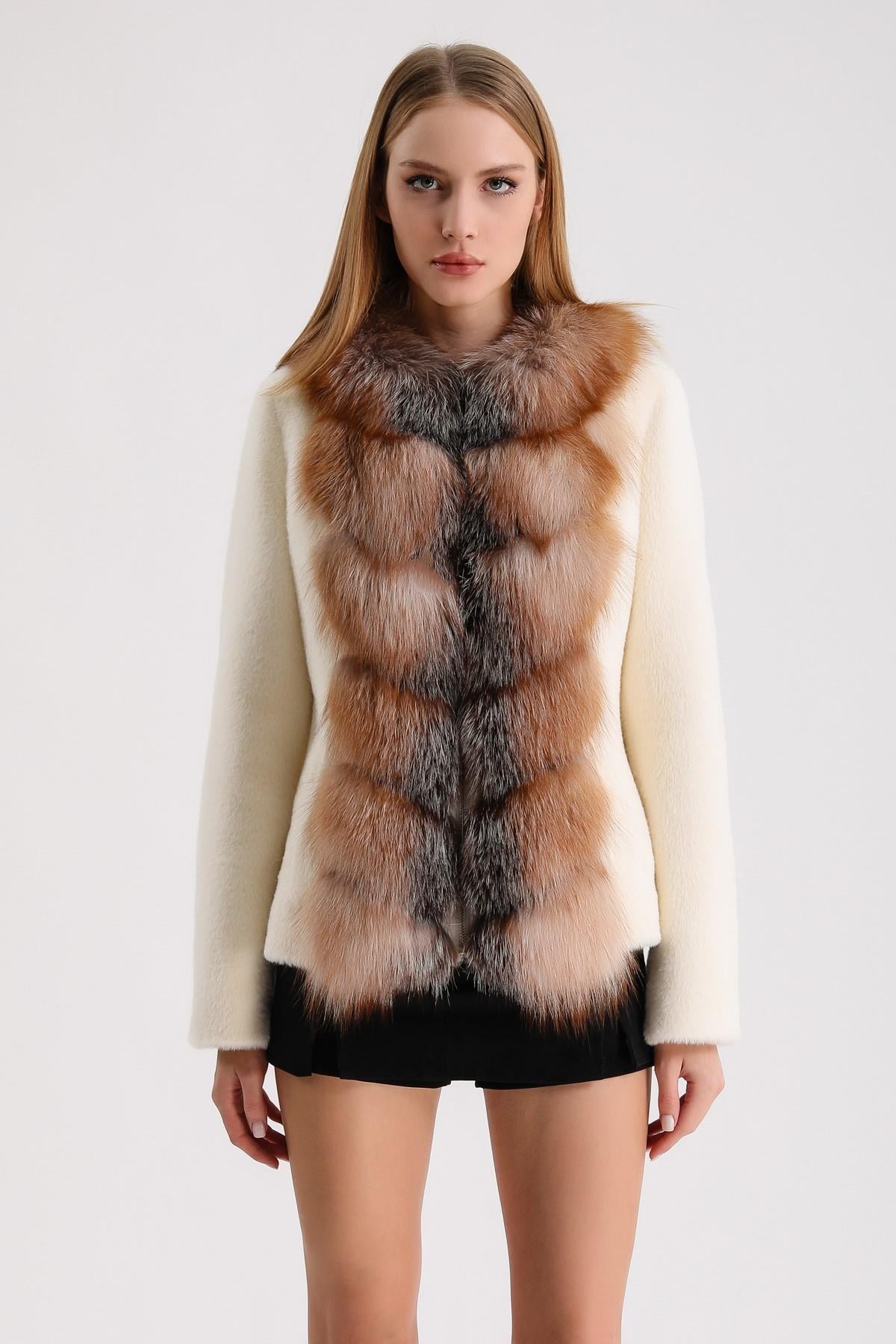 Ecru Wool Jacket with Gold Fox Fur Accessory, LC Leather Club