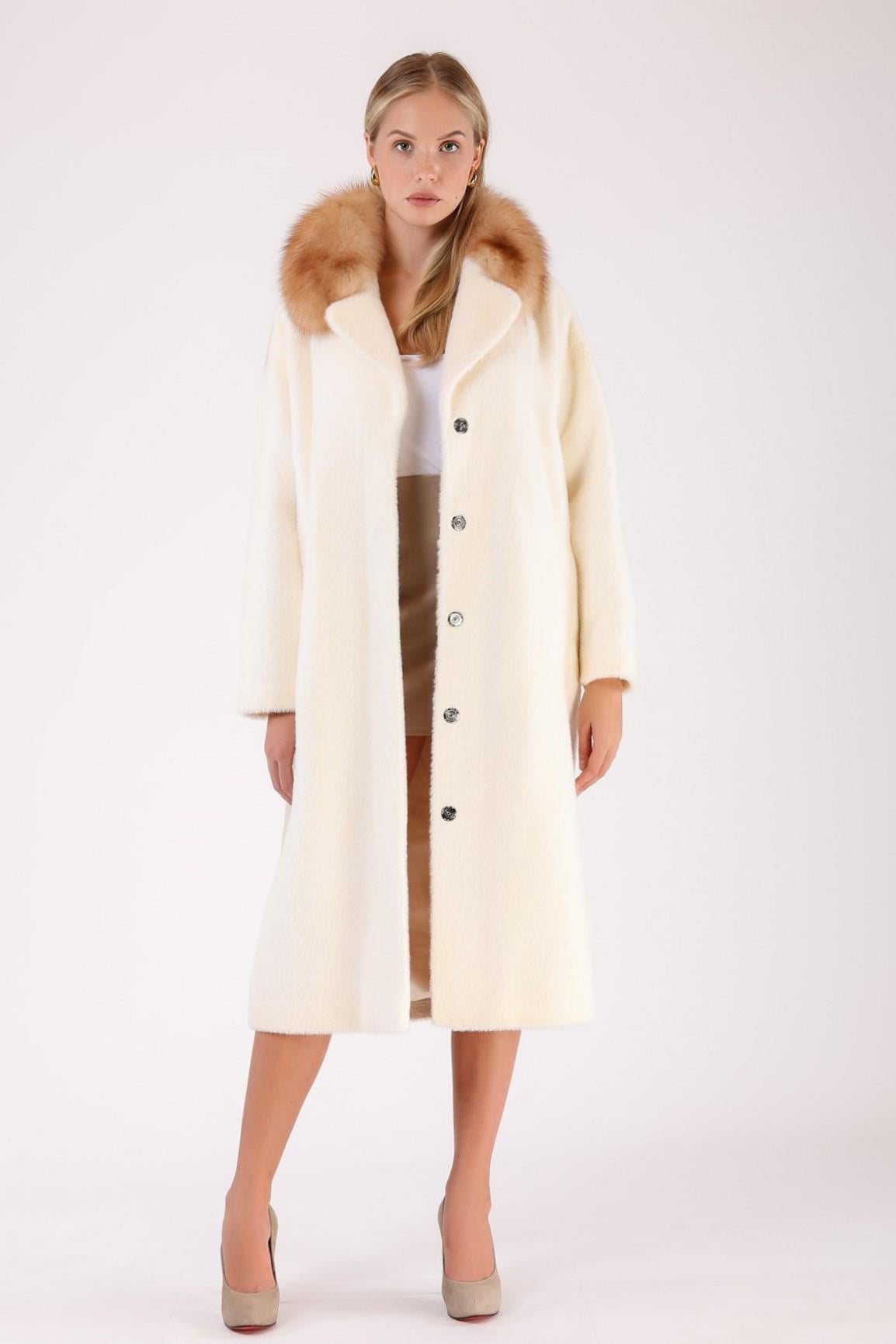 Manteau en laine écru avec garniture de fourrure, LC Leather Club