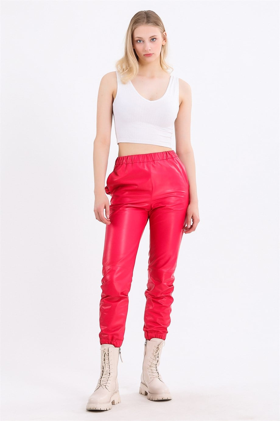 Pantalon en cuir fuchsia ajusté, LC Leather Club