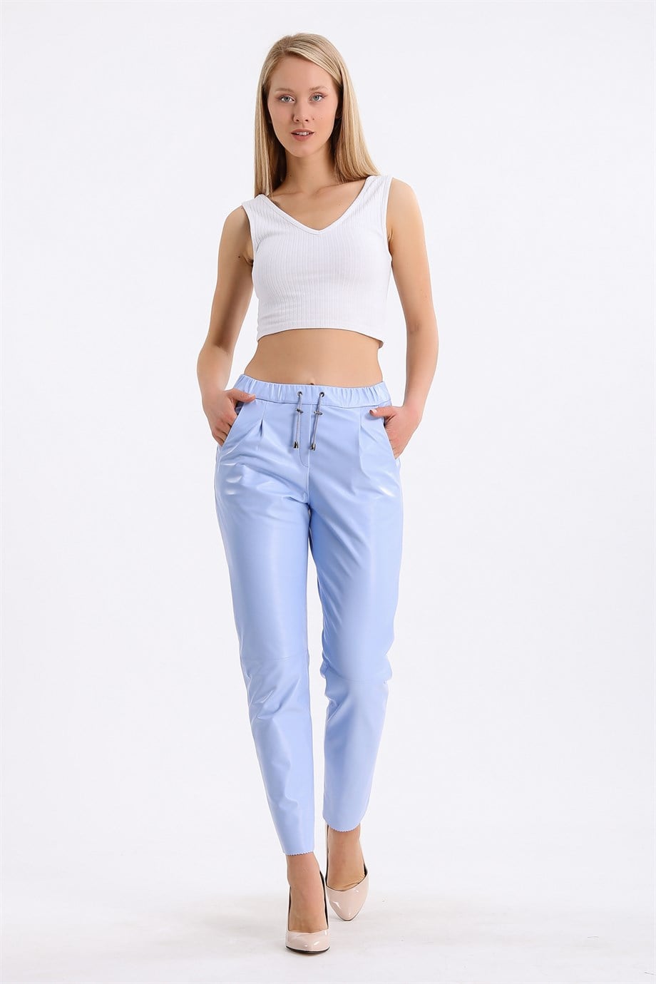 Pantalon en cuir bleu ciel coupe confort, LC Leather Club