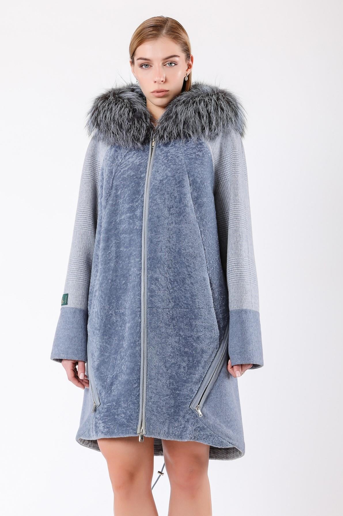 Sky Blue Plaid Alpaca Wool Coat with Fox Fur Trim, LC Leather Club