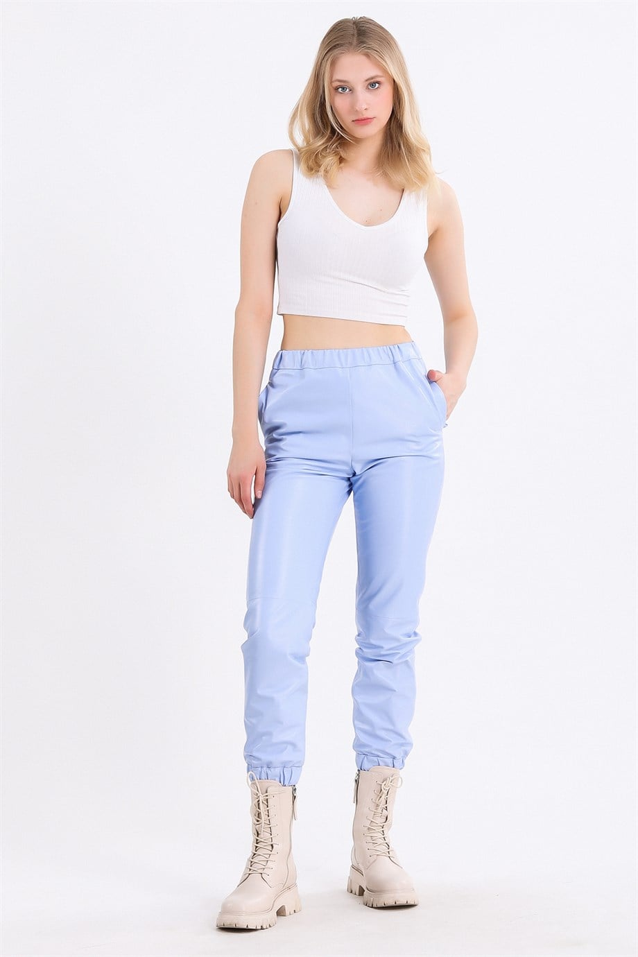 Pantalon en cuir bleu ciel ajusté, LC Leather Club