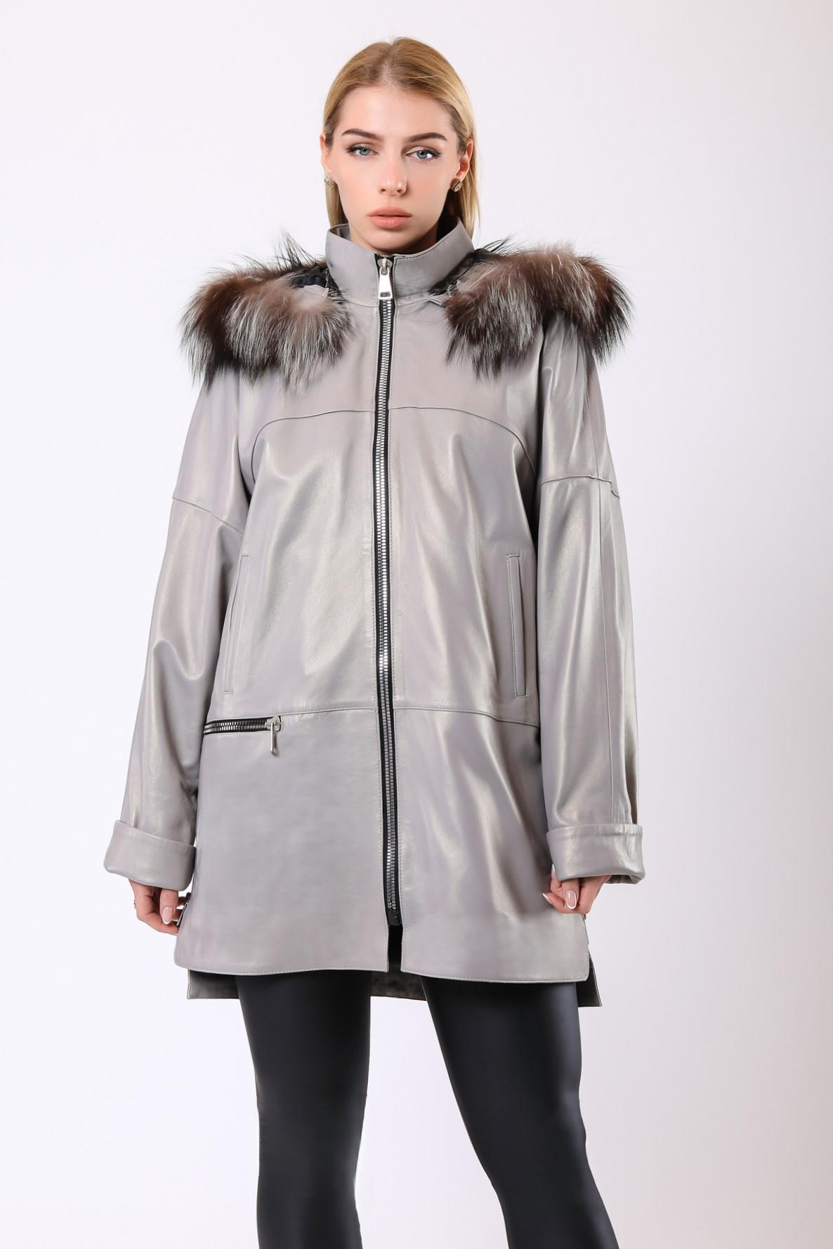 Grauer Amanda Pelzlederermantel mit Pelzbesatz, LC Leather Club