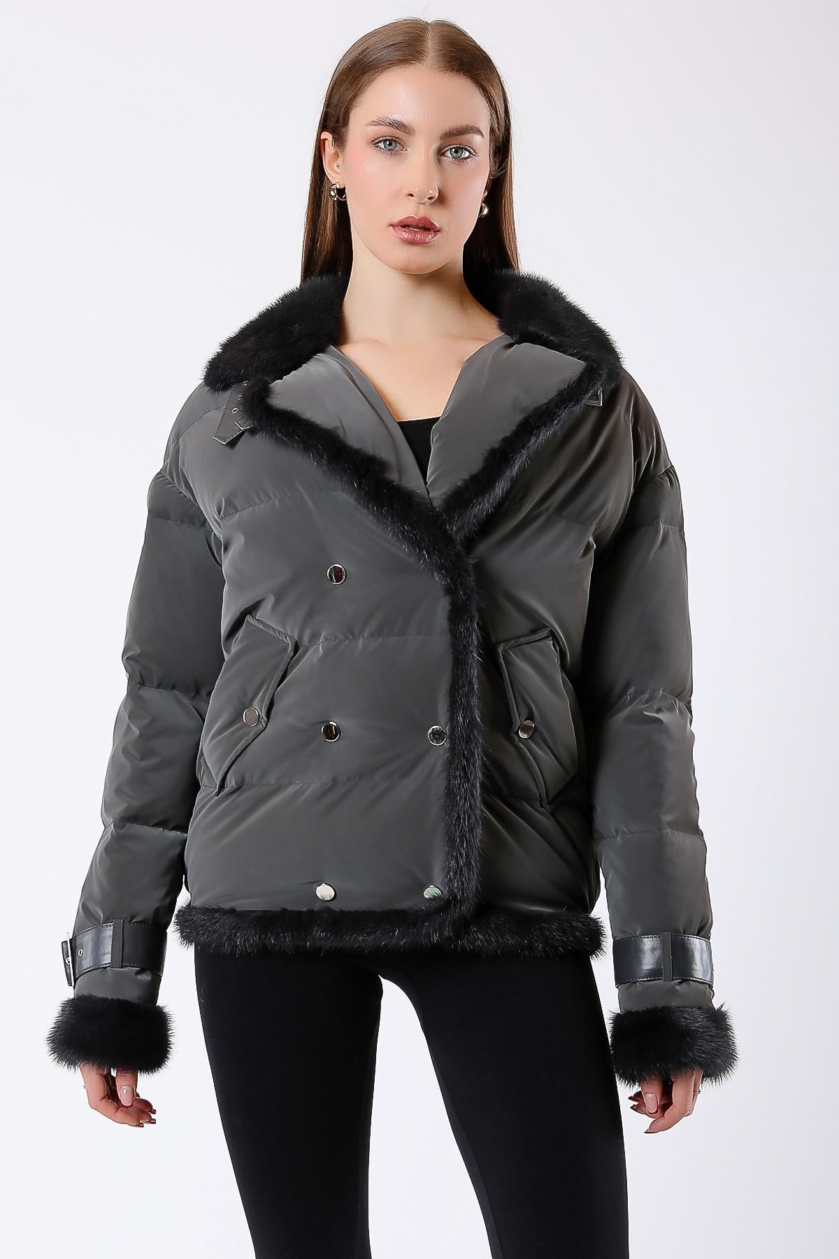 Doudoune en fourrure de vison gris anthracite avec garniture en fourrure de vison, LC Leather Club
