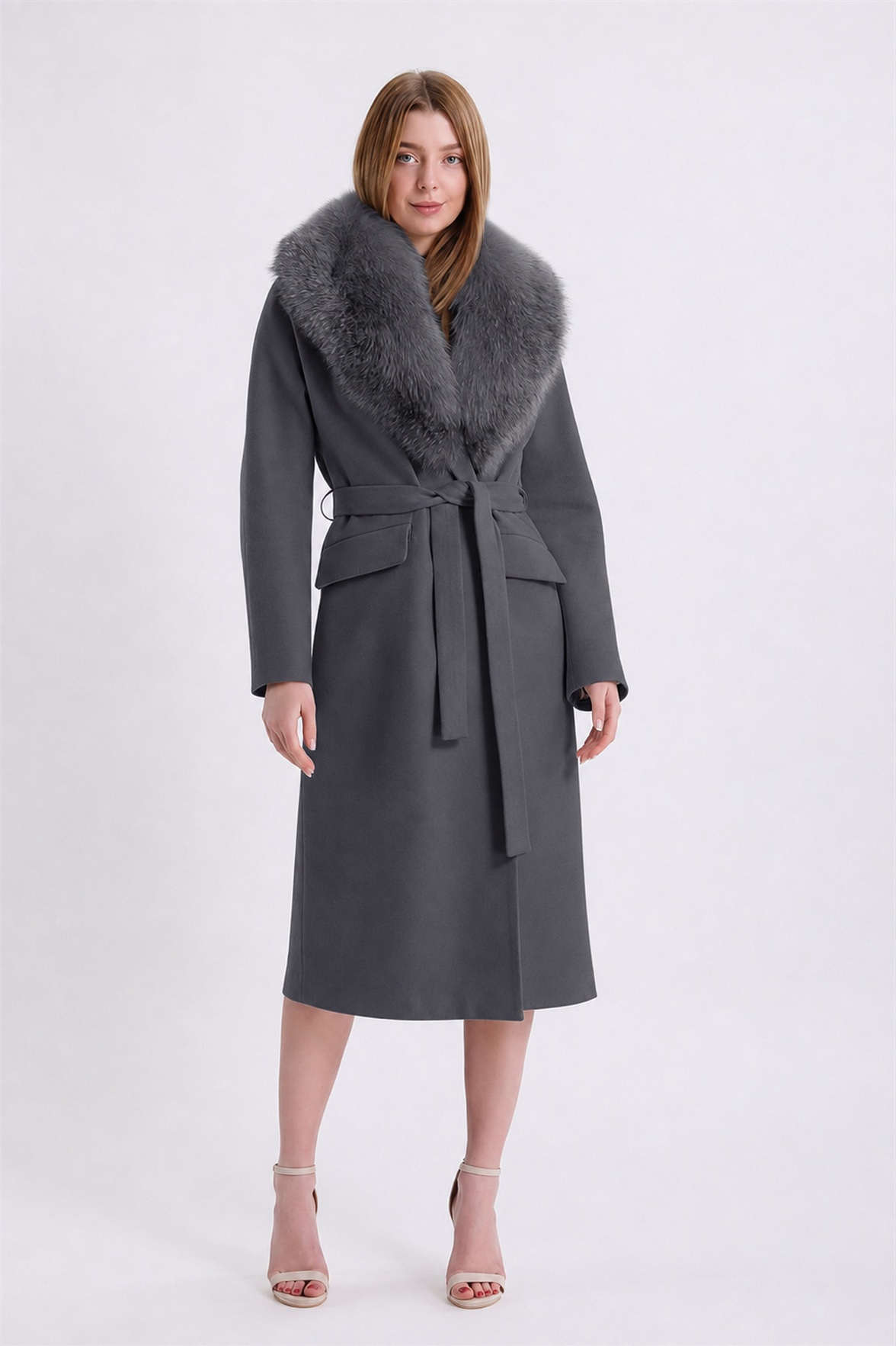 Grijze Arjante kasjmier mantel met vosbontafwerking, LC Leather Club