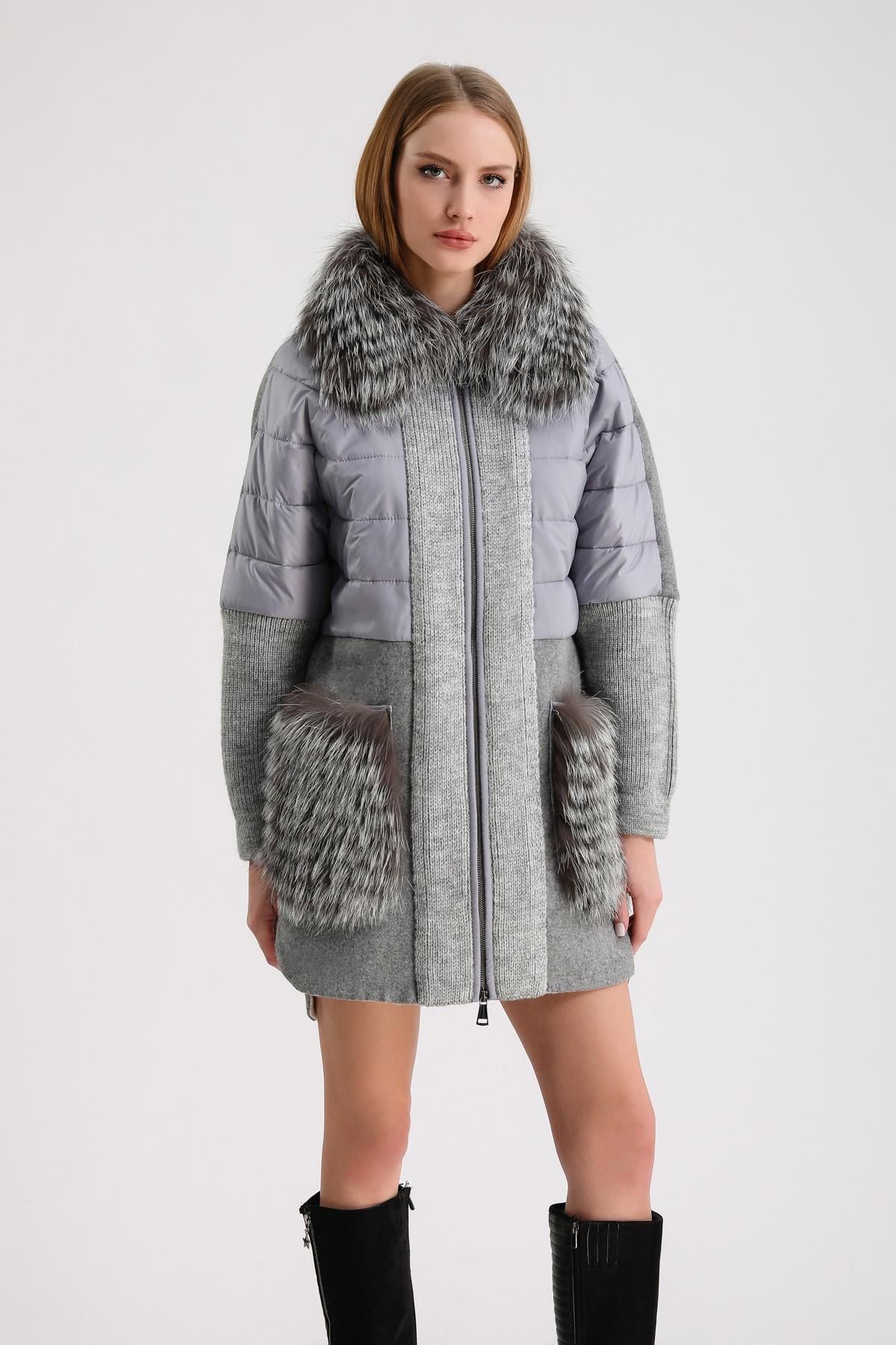 Manteau en cachemire gris avec garniture de renard Arjante, LC Leather Club