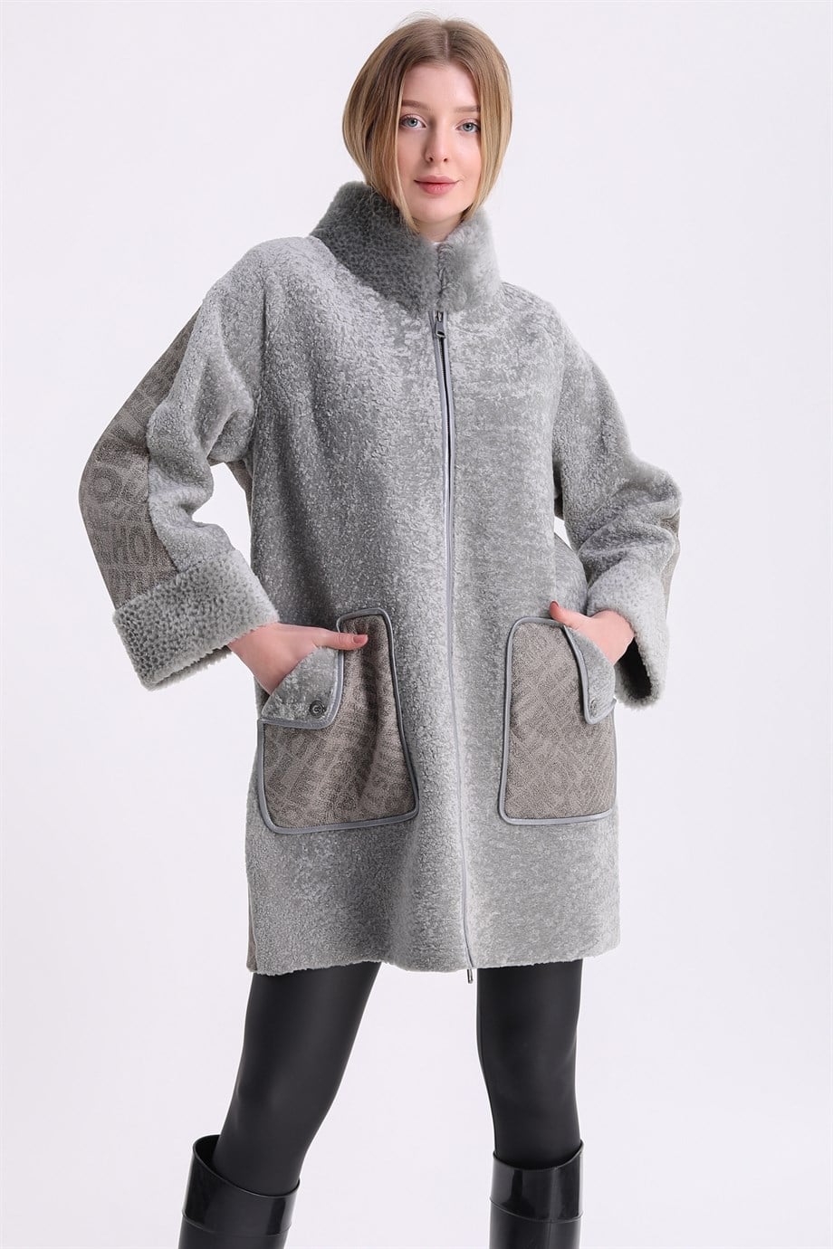 Grey Printed Astrakhan Fur Coat, LC Leather Club