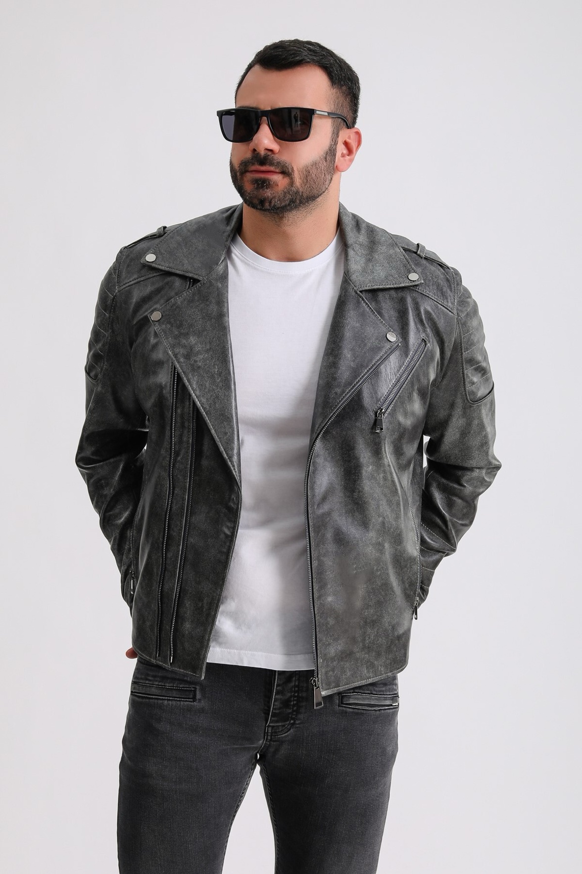 Szara sportowa kurtka skórzana z postarzanym nadrukiem, LC Leather Club