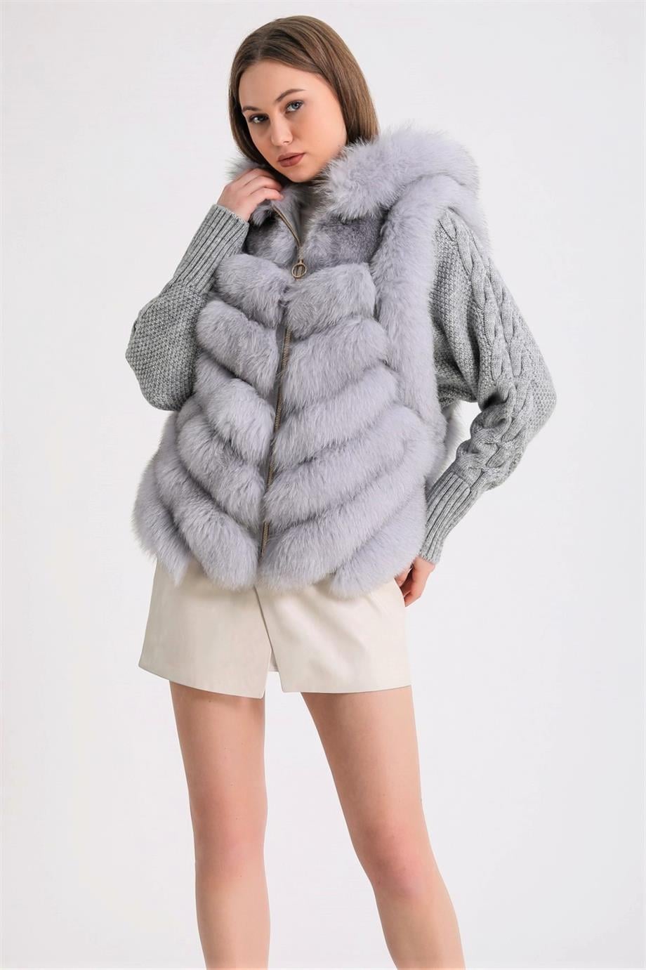 Grey Fox Fur Jacket with Knit Trim, LC Leather Club