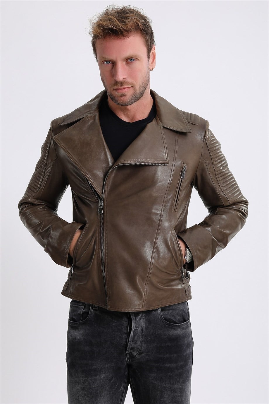 Veste Biker en cuir kaki, LC Leather Club