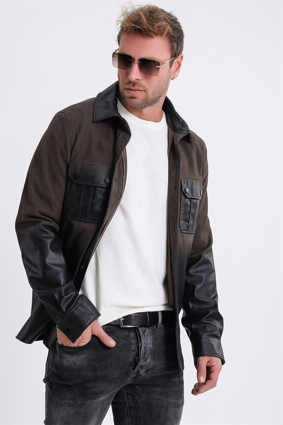 Veste en daim et cuir kaki dégradé, LC Leather Club