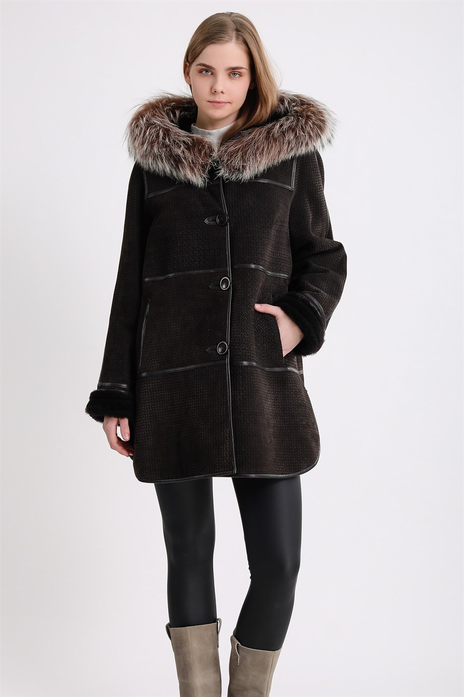 Khaki Reversible Fur Coat with Fox Trim, LC Leather Club