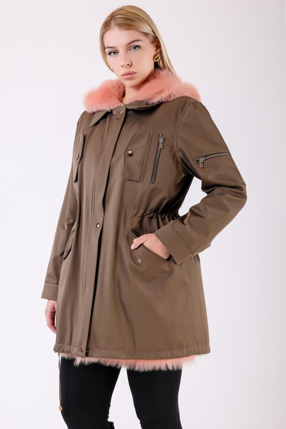 Trench en fibre kaki avec garniture fourrure, LC Leather Club