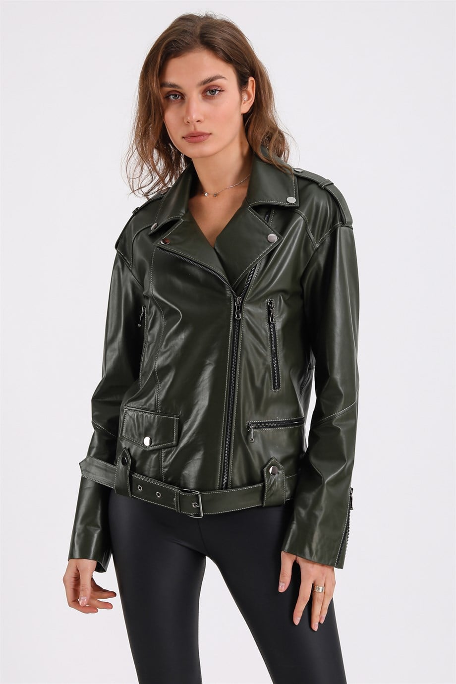 Veste en cuir kaki oversized, LC Leather Club