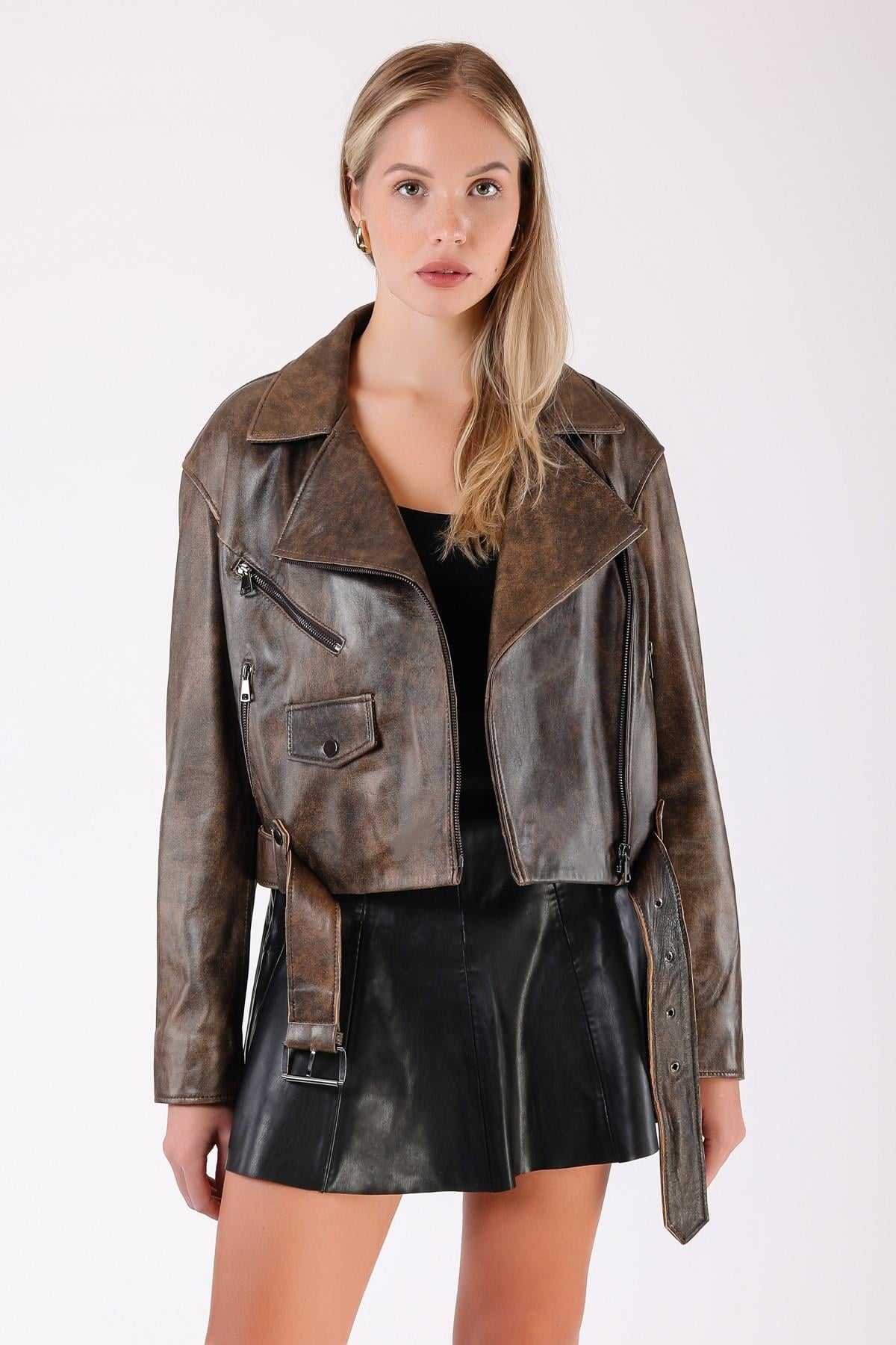 Veste en cuir kaki oversized, LC Leather Club