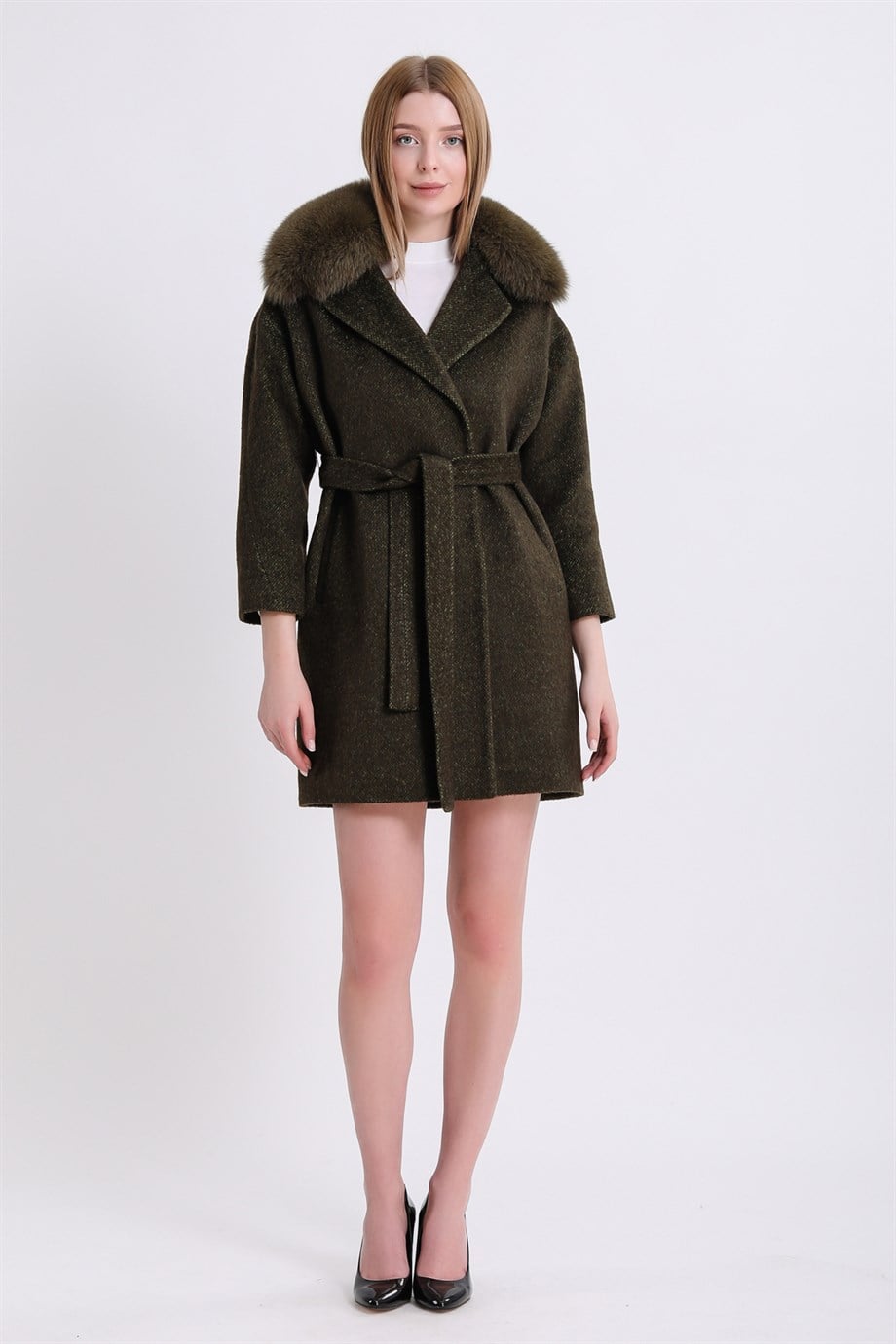 Khakifarbener Kaschmirmantel mit Fuchspelzbesatz, LC Leather Club