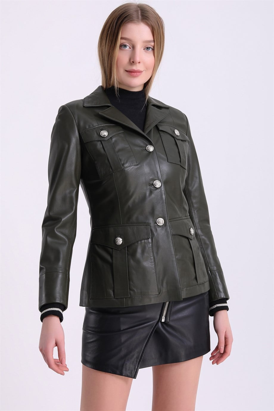 سترة بليزر جلدية كاكية بتفاصيل تريكو, LC Leather Club