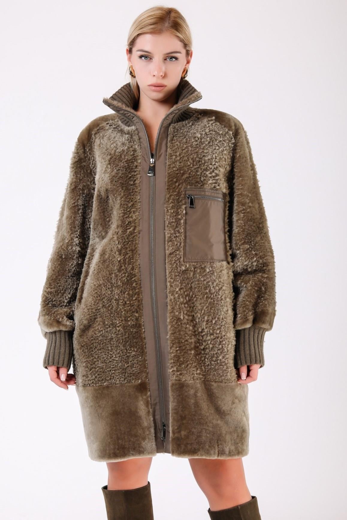 Manteau en astrakan kaki avec détails tricot, LC Leather Club