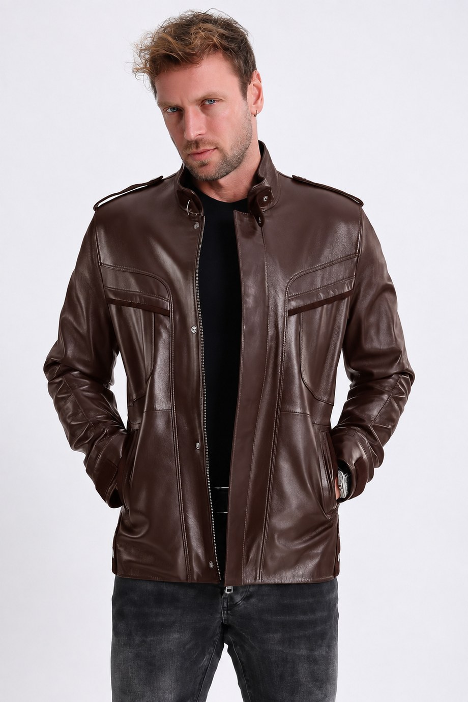 Kahve Apoletli Deri Kaban, LC Leather Club