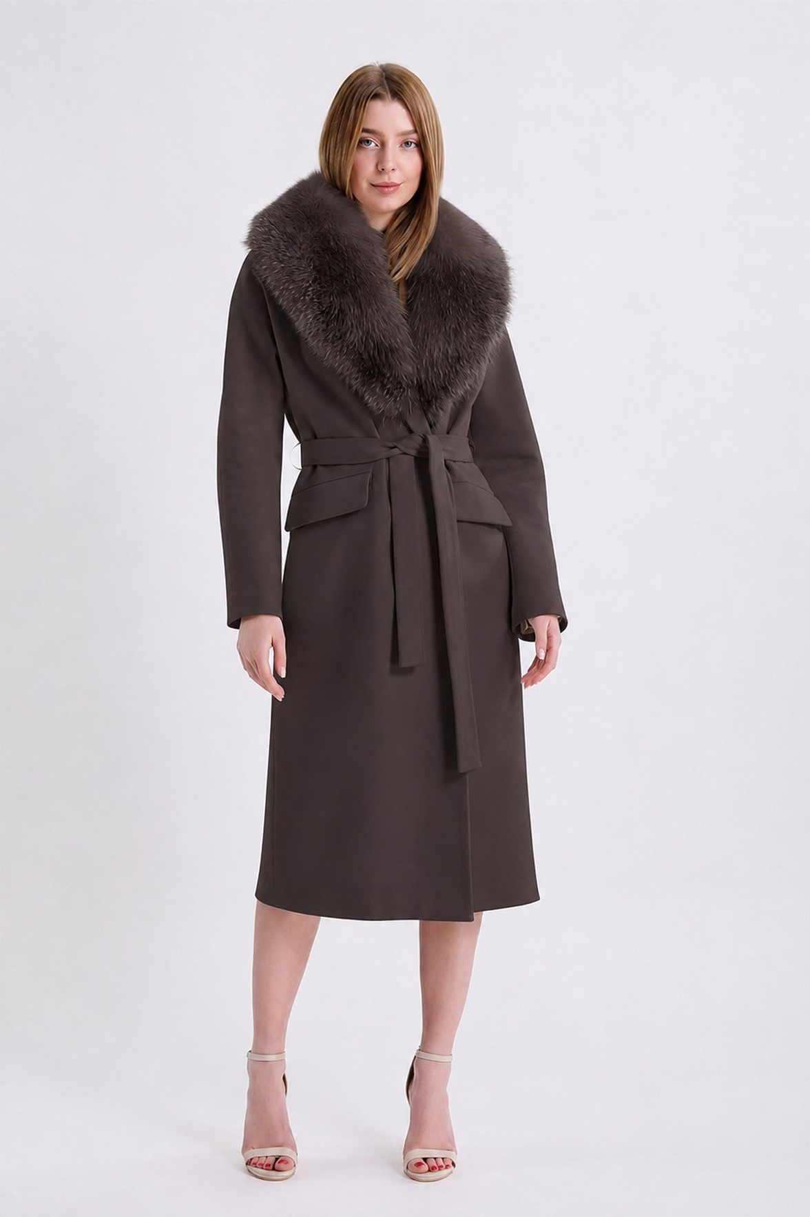 Bruine Arjante kasjmieren mantel met vossenboord, LC Leather Club