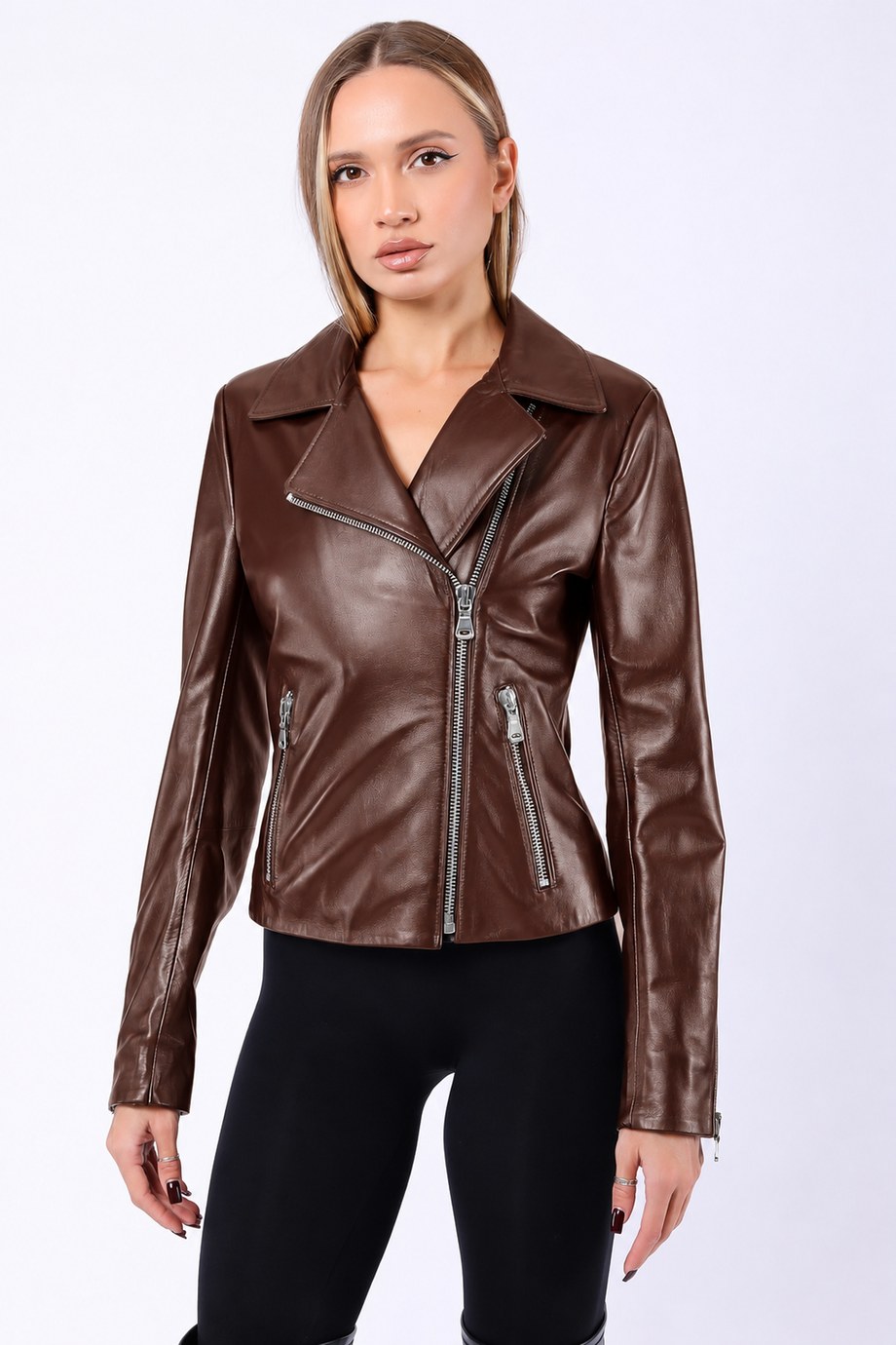 Kahve Asimetrik Fermuarlı Hakiki Deri Ceket, LC Leather Club