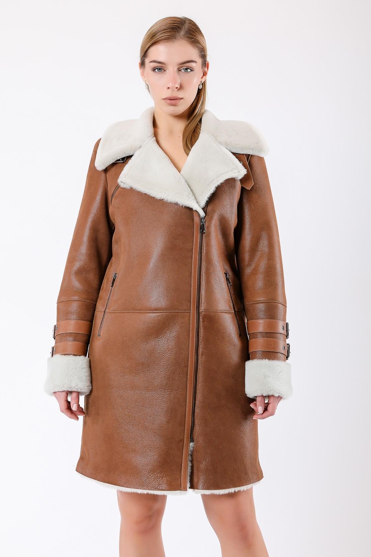 Bruine en witte leren mantel met bontvoering, LC Leather Club