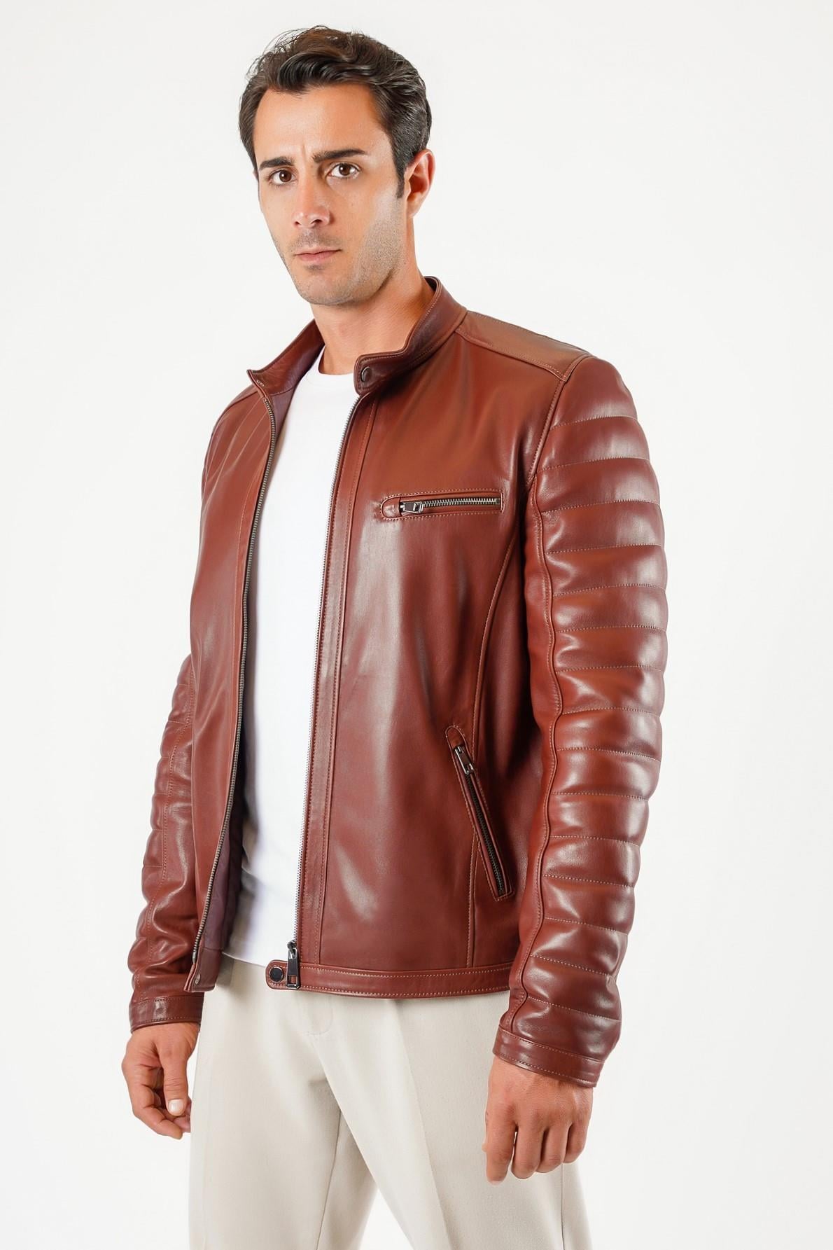 Veste biker en cuir marron, LC Leather Club