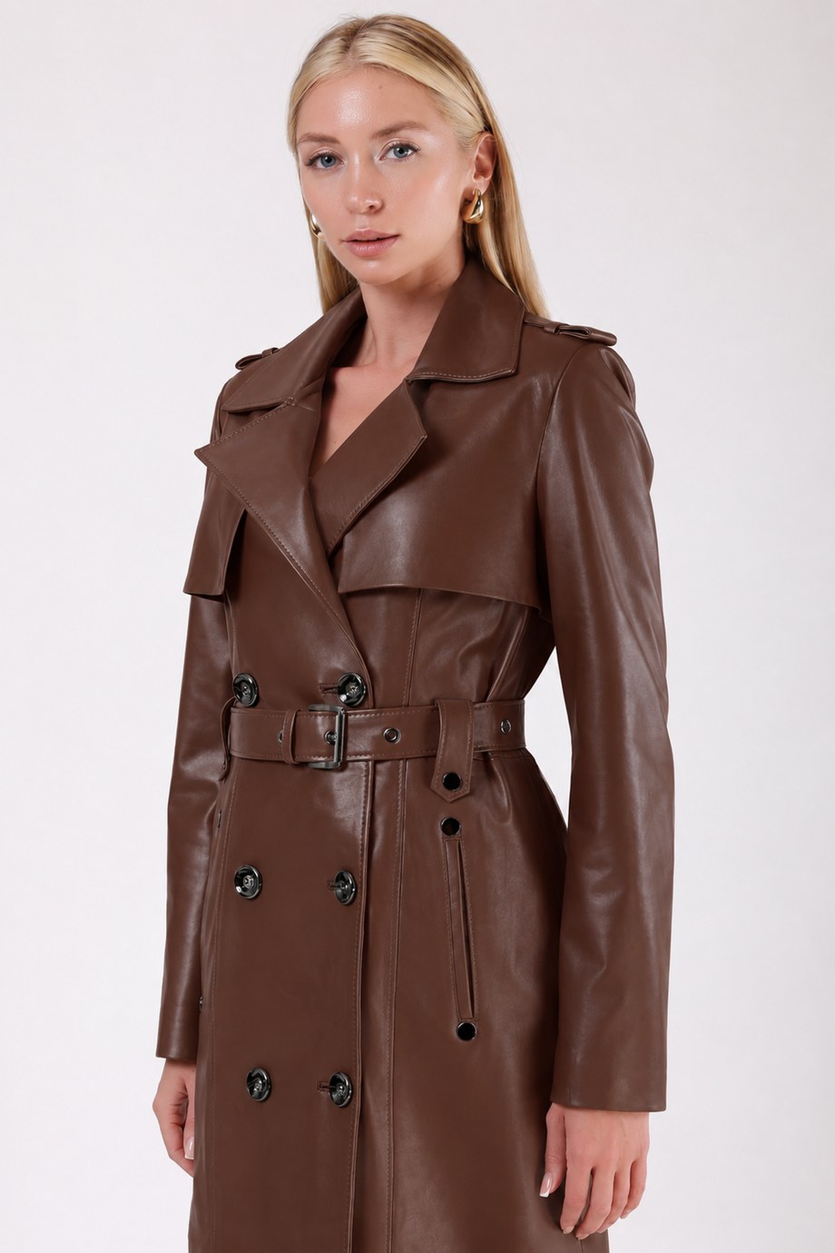 Kahve Celine Hakiki Deri Trench Kaban, LC Leather Club