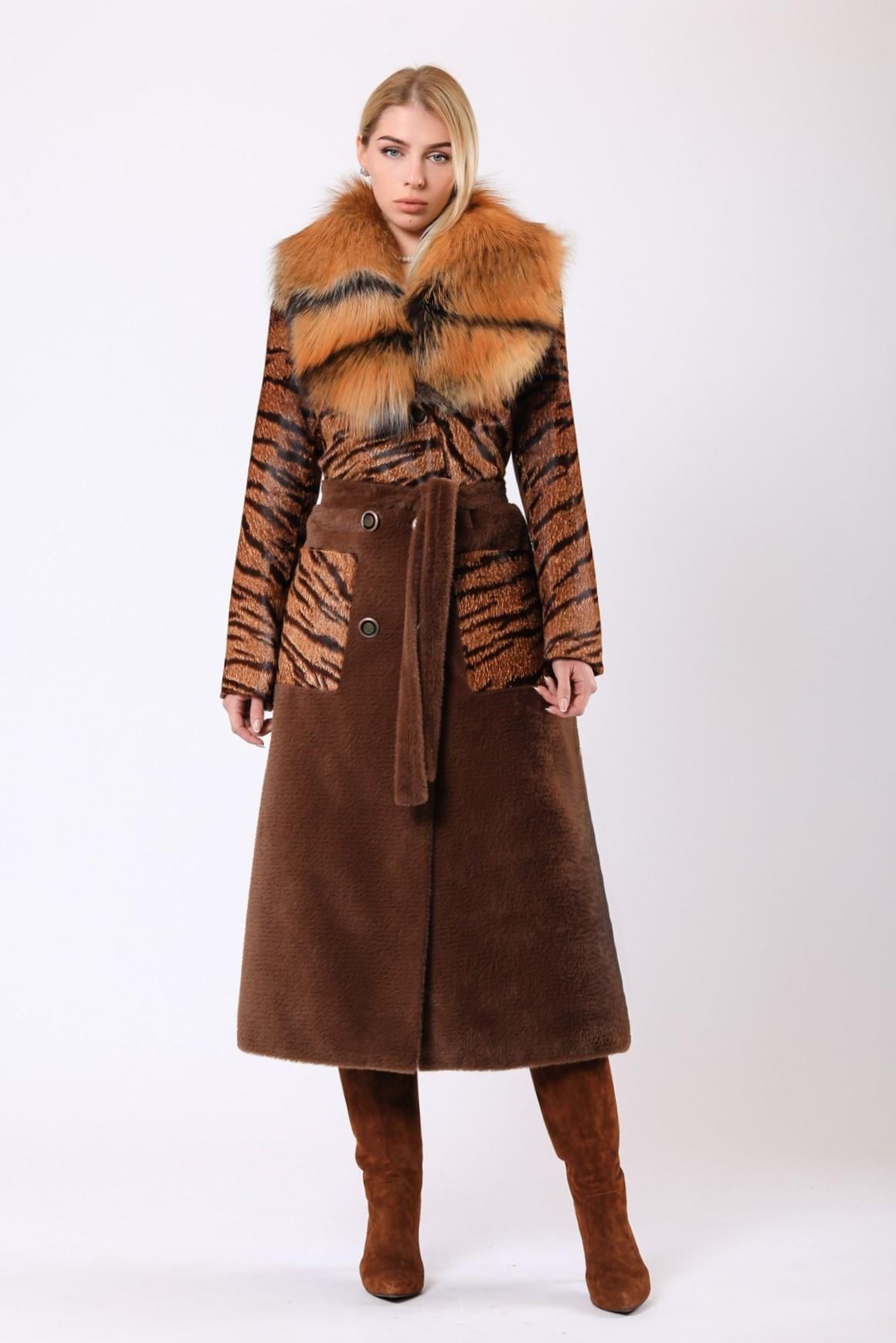 Brown Charlotte Panther Print Cavallino Fur Coat, LC Leather Club